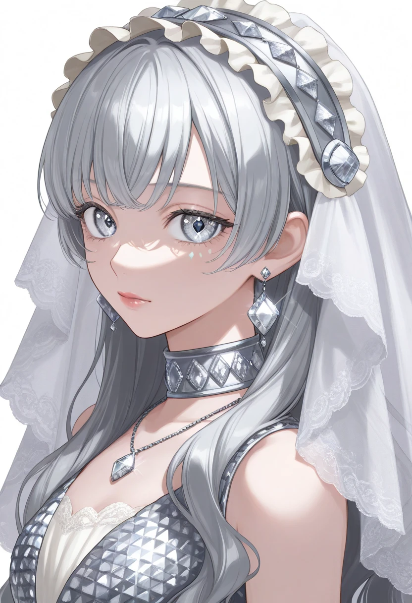 high resolution, extremely delicate and beautiful,finely detailed eyes and detailed face,ultra detailed, perfect details
oli-nsfw
Hairstyle: side-swept bangs
Hair Color: white hair
Hair length: very long hair
Clothing(comma tags): makeup, mascara, lips,(thick\lips), shiny glossy translucent clothing,  flower, veil, bride, white dress,hair flower, bridal veil, bare shoulders, strapless, detached collar, feather trim,