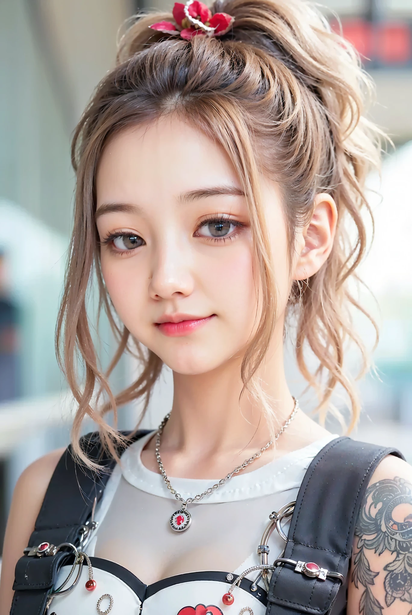 (Completely live action:1.37), (Amazingly realistic textures:1.37), (masterpiece, best quality:1.2), (8k uhd, 16k, 32k, ultra high res), amazingly realistic skin, amazingly realistic photo, superrealism, (photorealistic:1.37), (RAW photo), ultimately realistic, (ultimately realistic all details), (ultimately realistic all textures), super realistic lighting, super realistic shadow, (japanese girl:1.5), (realistic idol face), smiling, happy, super realistic face, ultimately realistic skin, ultimately realistic eyes, (mascara:1.35)ultimately realistic background, ultimately realistic detail up, (kkw-ph1:1.25), (Canon EOS R6, 85mm, 1/200s, f/5.6, ISO 1600), (tattoo), (mechanical armor:1.37), (blue eyes:1.2), (silver hair:1.3), (tareme:1.5)