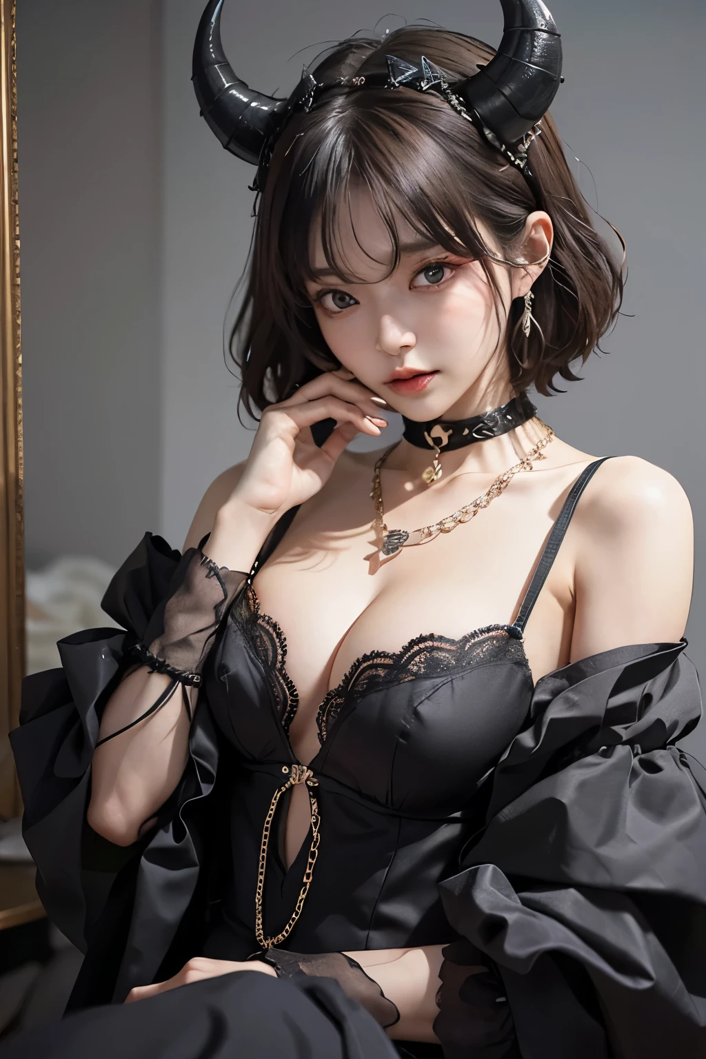 (best qualtiy,8K, Yes,32K,tmasterpiece,hyper HD:1.2),18 years old,Beautiful Japanese woman in the photo,big cleavage breasts,Very short Bob hair,The upper part of the body,sface focus,Oversized,choker necklace,simple backgound,from the above,looking at viewert ,Maid outfit , (8K, RAW photos, Best quality, Masterpiece: 1.2), Real people, Realistic, Portrait photos, sofe, On the couch,