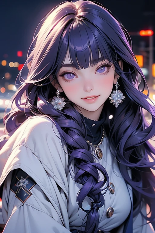 Ai Hoshino, long purple hair with stripes, star-shaped purple eyes, hair ornament, beautiful smile, naughty expression, (best quality,4k,8k,highres,masterpiece:1.2),ultra-detailed,(realistic,photorealistic,photo-realistic:1.37),HDR,UHD,studio lighting,ultra-fine painting,sharp focus,physically-based rendering,extreme detail description,professional,vivid colors,bokeh,pink cute room,under makeup