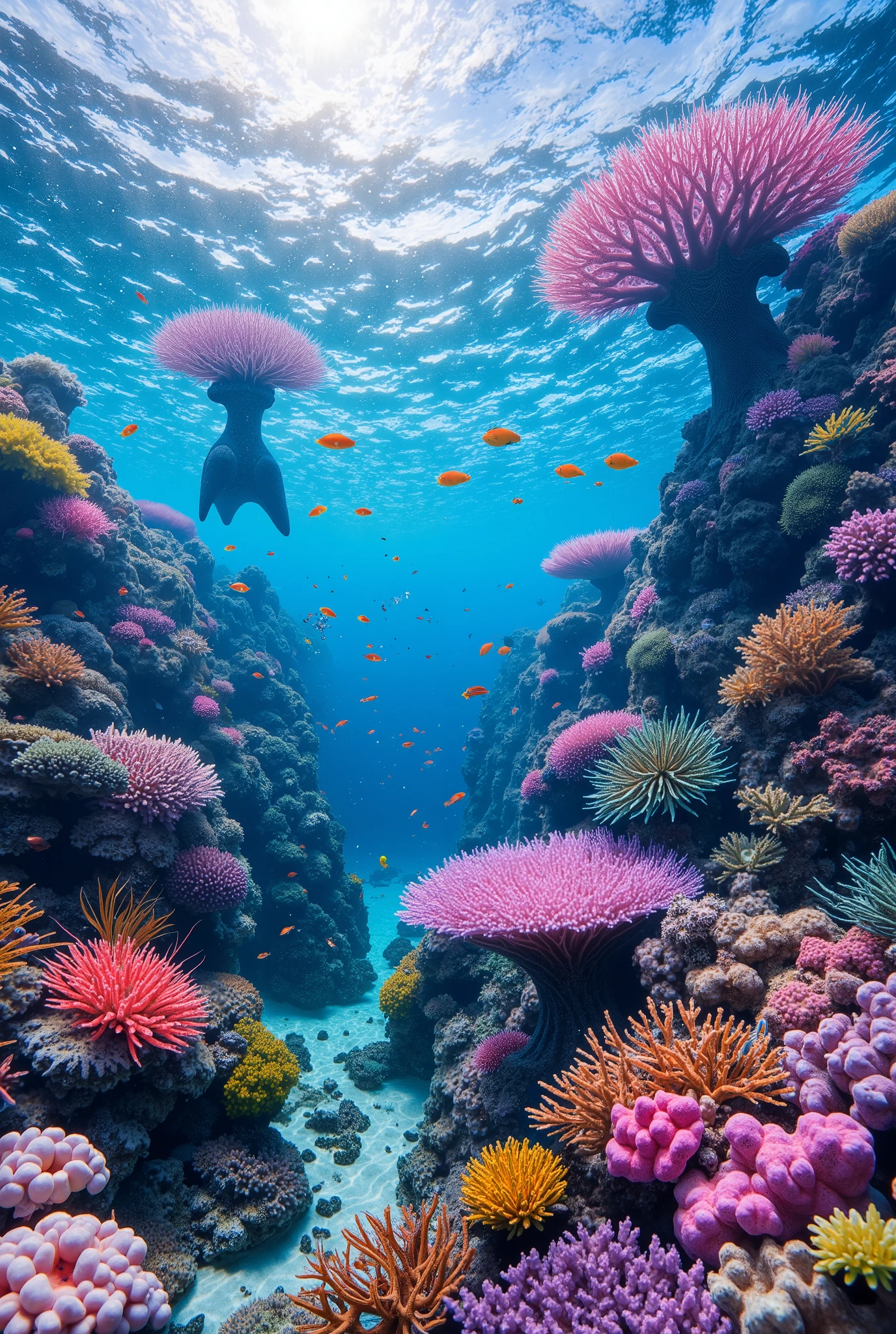 (In the water), Undersea heaven ,((Huge table corals with lots of fluorescent green branches stand in the center)),(( coral reefs with dense hard corals and soft corals )),Realistic Expression , shot with a fisheye lens  ,(( Multiple Fluorescent Green Corals )), (( are filled with 10,000 natural coral groups with lots of extremely colorful colors)), (Lots of butterfish are swimming ),(( lots of green and blue soft corals that emit fluorescent colors )), crystal clear water, , strong sunshine ,Vast coral reefs ,Detailed seaweed ,( lots of colorful tropical fish), large blue tropical fish , myriad cobalt sparrows , seahorses, lots of psychedelic starfish on the seabed , life,  lively colors, Serene atmosphere, Quiet, Swaying seaweed ,  array of vibrant colors ) , ( best quality , high resolution:1.2), (In the water photography), ( lively), (  soft diffused lighting  ), Orchestra of Highly Coloured Corals, Vast Seas ,Coral Reef,