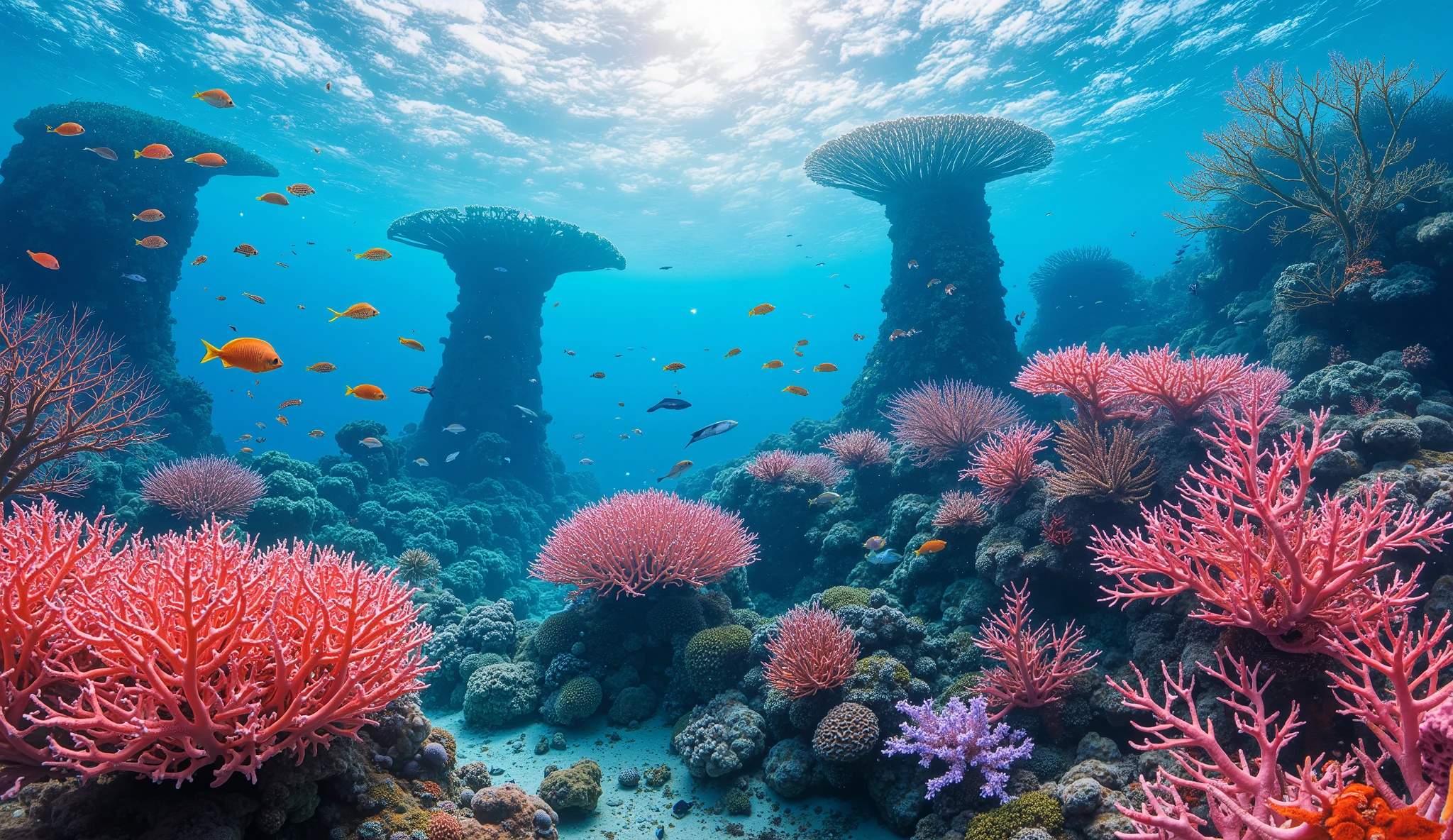 (In the water), Undersea heaven ,((Huge table corals with lots of fluorescent green branches stand in the center)),(( coral reefs with dense hard corals and soft corals )),Realistic Expression , shot with a fisheye lens  ,(( Multiple Fluorescent Green Corals )), (( are filled with 10,000 natural coral groups with lots of extremely colorful colors)), (Lots of butterfish are swimming ),(( lots of green and blue soft corals that emit fluorescent colors )), crystal clear water, , strong sunshine ,Vast coral reefs ,Detailed seaweed ,( lots of colorful tropical fish), large blue tropical fish , myriad cobalt sparrows , seahorses, lots of psychedelic starfish on the seabed , life,  lively colors, Serene atmosphere, Quiet, Swaying seaweed ,  array of vibrant colors ) , ( best quality , high resolution:1.2), (In the water photography), ( lively), (  soft diffused lighting  ), Orchestra of Highly Coloured Corals, Vast Seas ,Coral Reef,
