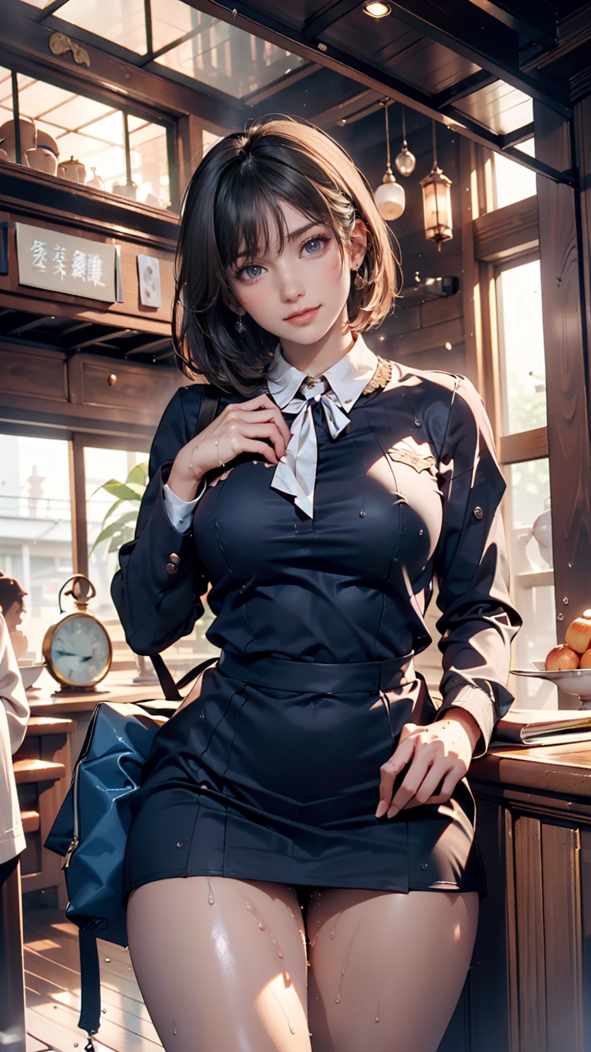 (masterpiece, best quality, perfect anatomy, nice hands:1.2, 1girl:1.2, solo:1.3, illustration:1.2), official art, unity 8k wallpaper, ultra detailed, beautiful and aesthetic, realistic, medium hair, bob cut, braid, mole under eye, (school uniform:1.2), (kneehighs:1.1), classroom, from below, leaning back, flying button, huge breasts, sidelighting, blue sky