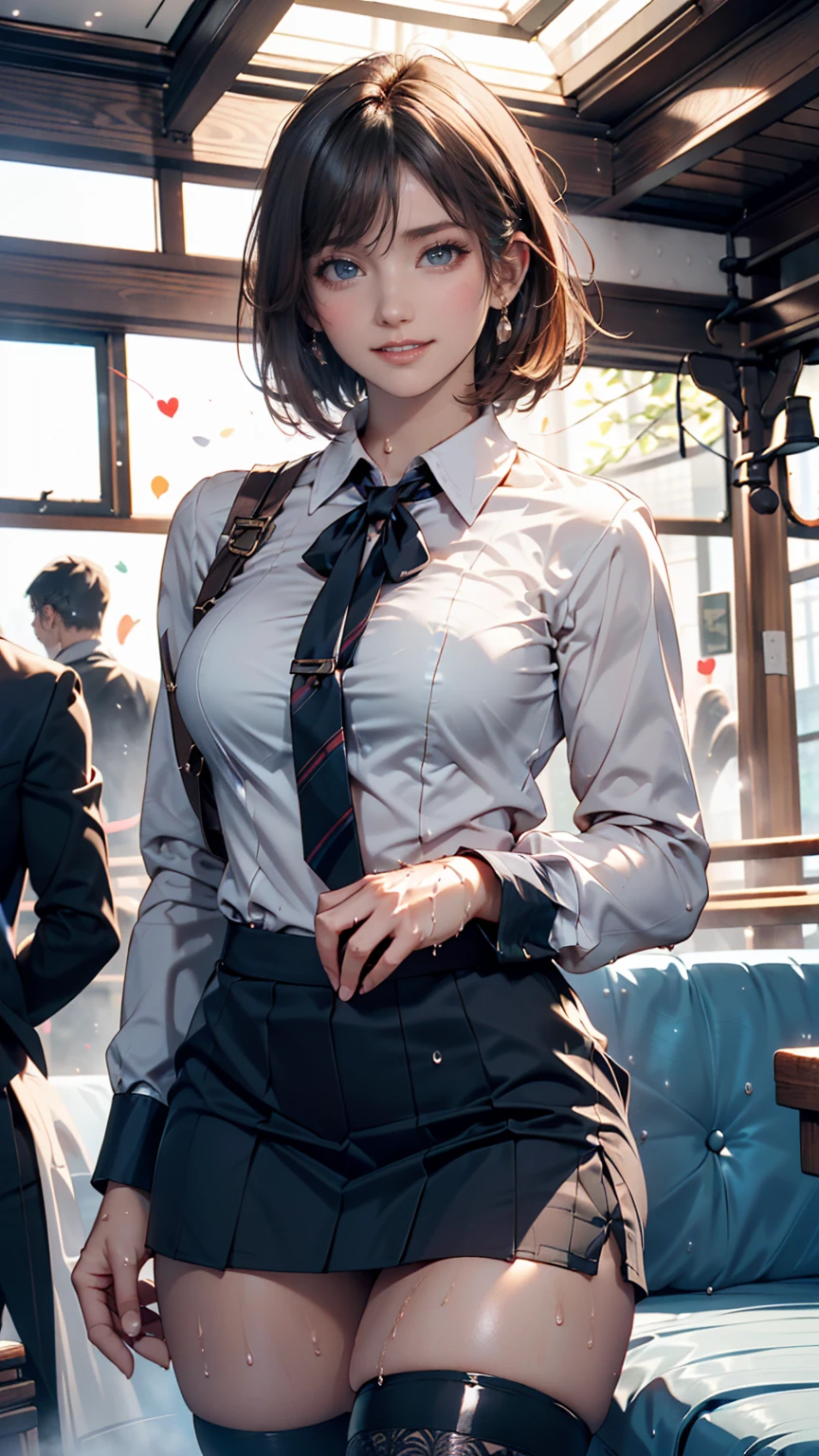 1 Woman Standing, office worker, reception, (White and grey checked vest:1.2) (Navy pencil skirt) bow tie, Mature Woman, /(short hair、Light brown hair、Blonde hair/) Beautiful forehead, A gentle blushing smile, (Masterpiece of the highest quality:1.2) Delicate illustrations, super detailed, Big Break (Modern office indoors), Cityscape of windows, Detailed Background