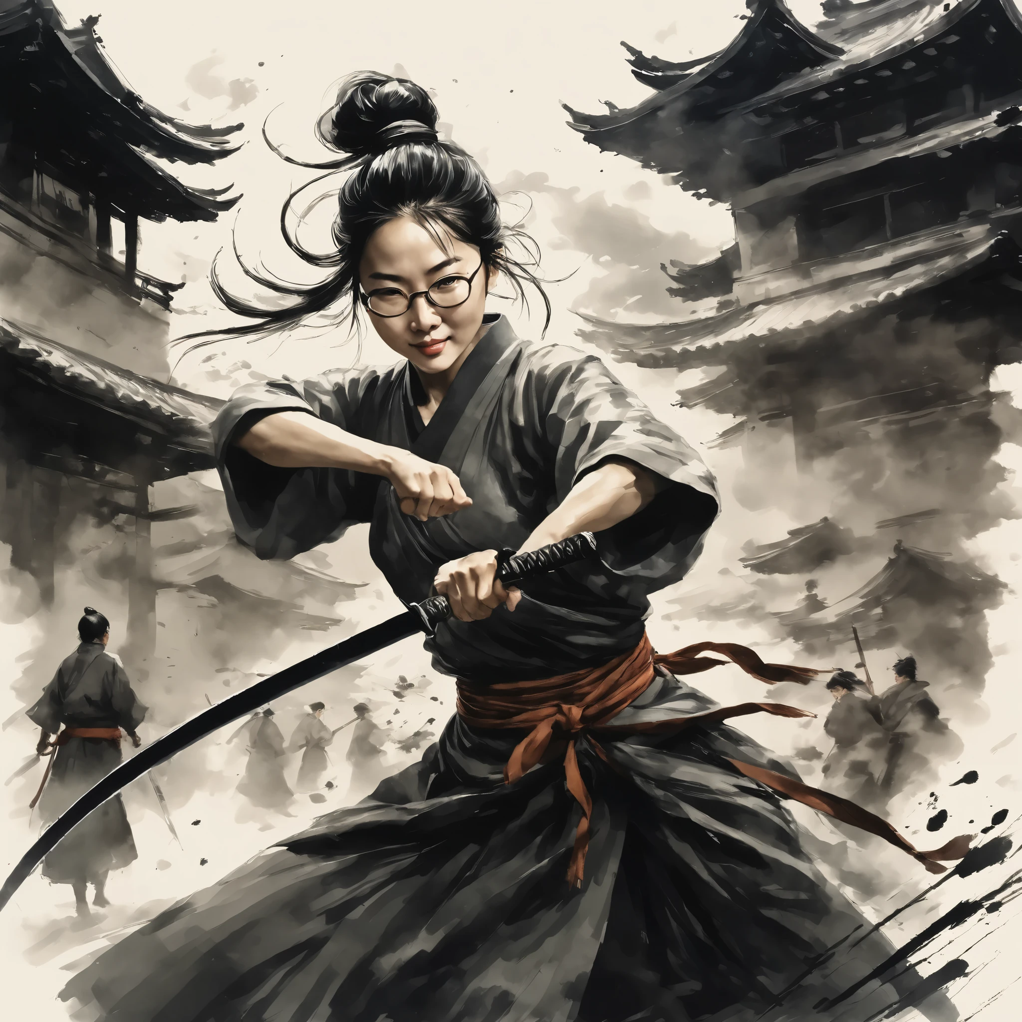Ink painting,1color,whole body,smile,(Intense sword fighting scene with outstretched arms),Dynamic movement and powerful brushstrokes、ripple、female monk、Sticks、 wearing glasses on the top of the head