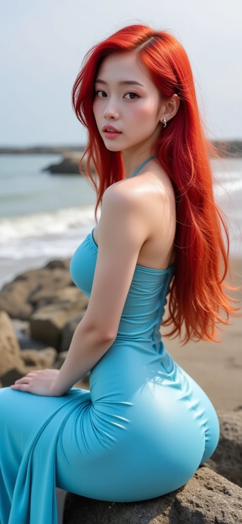 orange hair Medium hair with bangs light blue eyes gal sunglasses on head one piece live-action