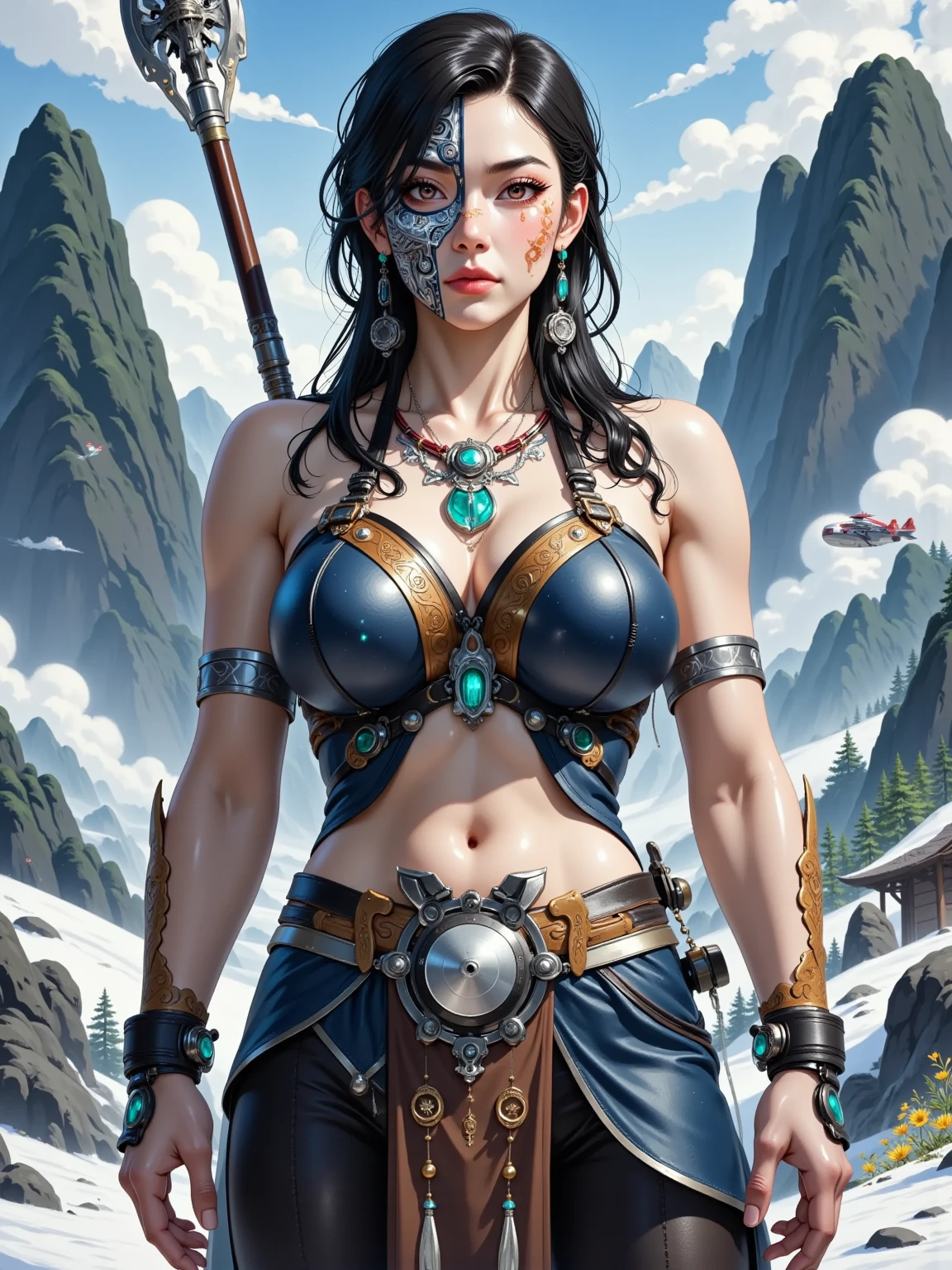 Create a stunning、A hyper-realistic character image,The character is a combination of a bionic cyborg and a female tribal leader,It symbolizes the gap between ancient traditions and advanced technology。The character's face should be divided into two parts:The right half is made of polished metal parts,Visible mechanical parts and flashing LEDs,Reminiscent of an electronic circuit;The left half retains human skin,It has traditional patterns and war makeup。The right eye is an implanted bionic eye,Emits a bright pink light,The pupil is in the shape of a vertical slit;The left eye remains human,The gaze is deep and penetrating。The hair on the head is partially replaced by metal wires and fiber optic cables,Intertwined with naturally grown hair,And use natural feathers、Decorated with bionic feathers and bone beads。 The costume is a combination of traditional and futuristic materials:A leather sleeveless jacket with metal inserts and electronic panels,Fur epaulettes decorated with feathers and animal bones,A metal plate with built-in sensors and mechanical joints。A talisman with ancient rune carvings and a microchip around her neck,Leather and metal bracelets with LEDs and screens on her wrists。The female leader holds a spear made of a metal and wood alloy,The spearhead has a laser device。The background of the image should be a dense forest and mountains with mist,Combined with futuristic cities and flying vehicles,Highlighting the ancient The contrast between the old and modern worlds。The image needs to have the highest degree of photorealism and detail。