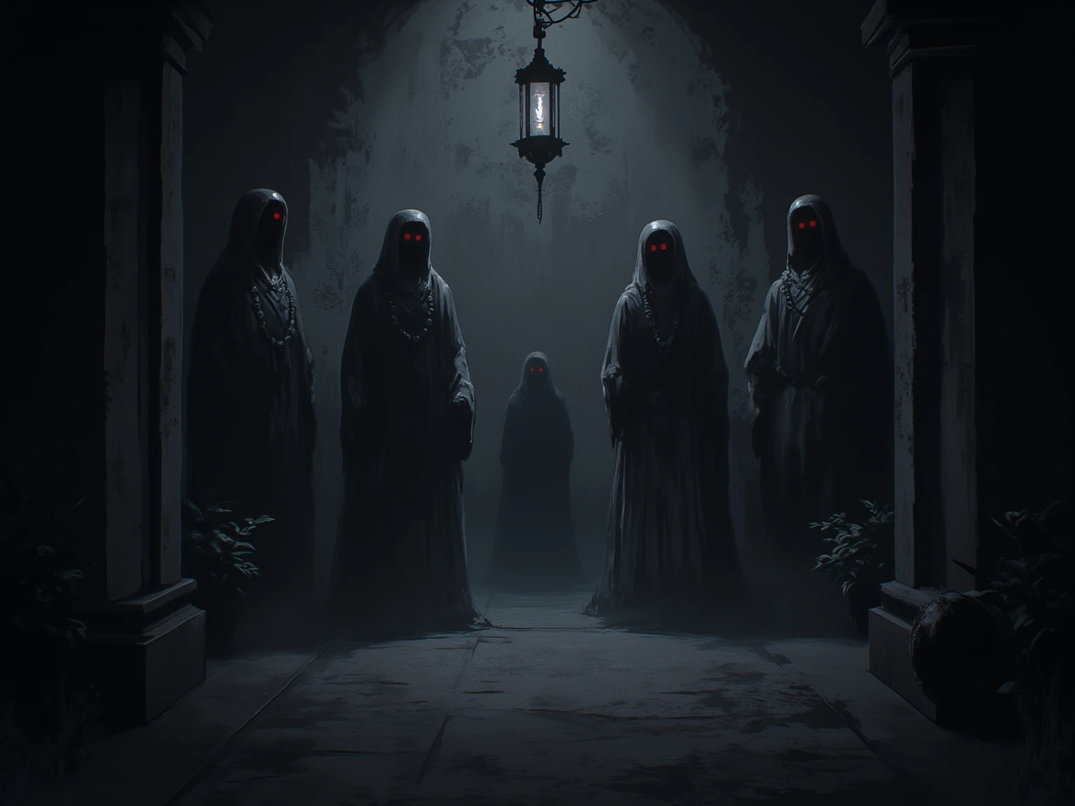 Long shot, a group of red masked cultists doing a ritual in the forest, cosmic horror, tentacles, dark humor, dark environment, night, horror, blood, fantastic, fear, panic, despair, dark red dark mist