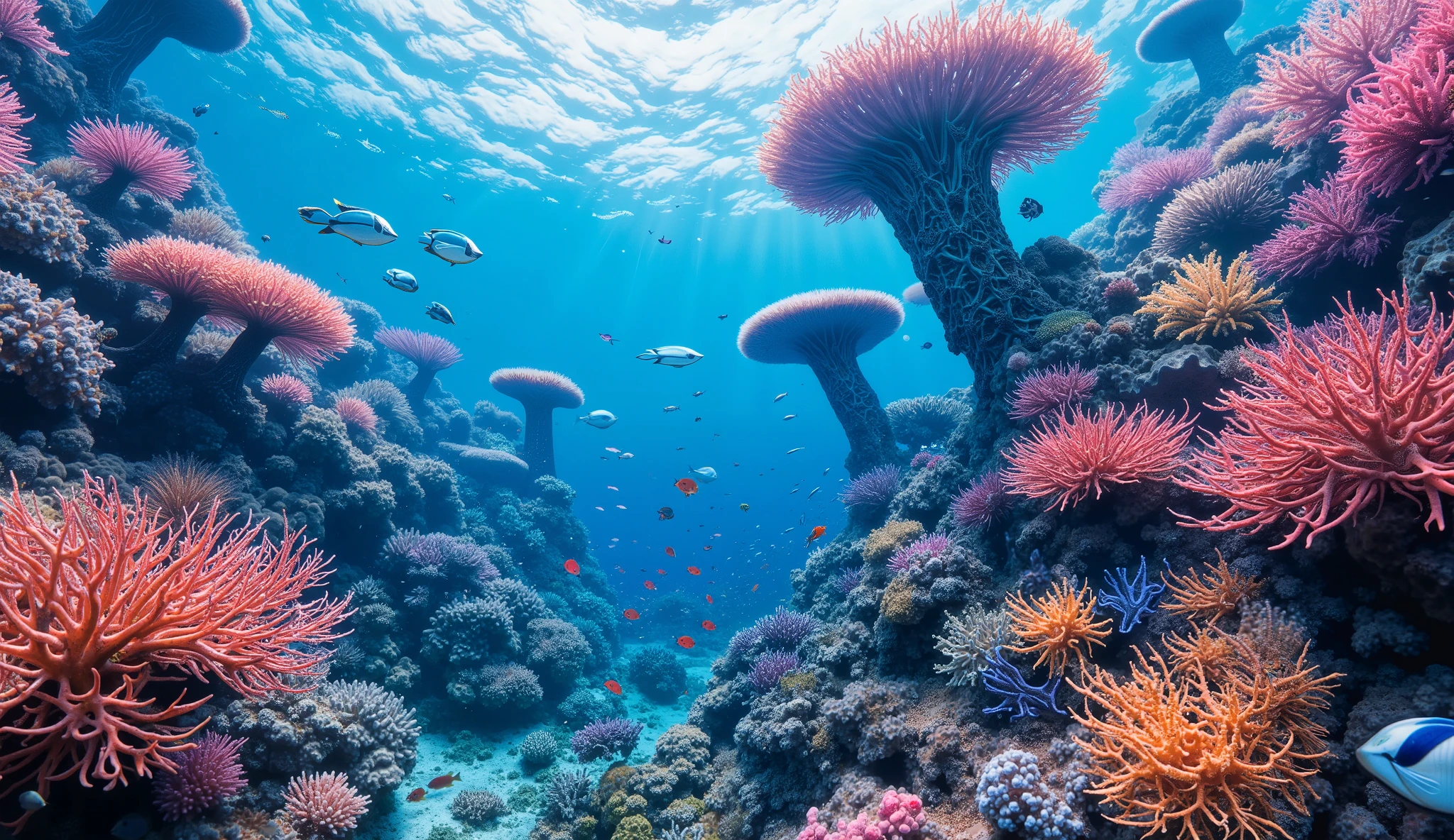 (In the water), Undersea heaven ,((Huge table corals with lots of fluorescent green branches stand in the center)),(( coral reefs with dense hard corals and soft corals )),Realistic Expression , shot with a fisheye lens  ,(( Multiple Fluorescent Green Corals )), (( are filled with 10,000 natural coral groups with lots of extremely colorful colors)), (Lots of butterfish are swimming ),(( lots of green and blue soft corals that emit fluorescent colors )), crystal clear water, , strong sunshine ,Vast coral reefs ,Detailed seaweed ,( lots of colorful tropical fish), large blue tropical fish , myriad cobalt sparrows , seahorses, lots of psychedelic starfish on the seabed , life,  lively colors, Serene atmosphere, Quiet, Swaying seaweed ,  array of vibrant colors ) , ( best quality , high resolution:1.2), (In the water photography), ( lively), (  soft diffused lighting  ), Orchestra of Highly Coloured Corals, Vast Seas ,Coral Reef,