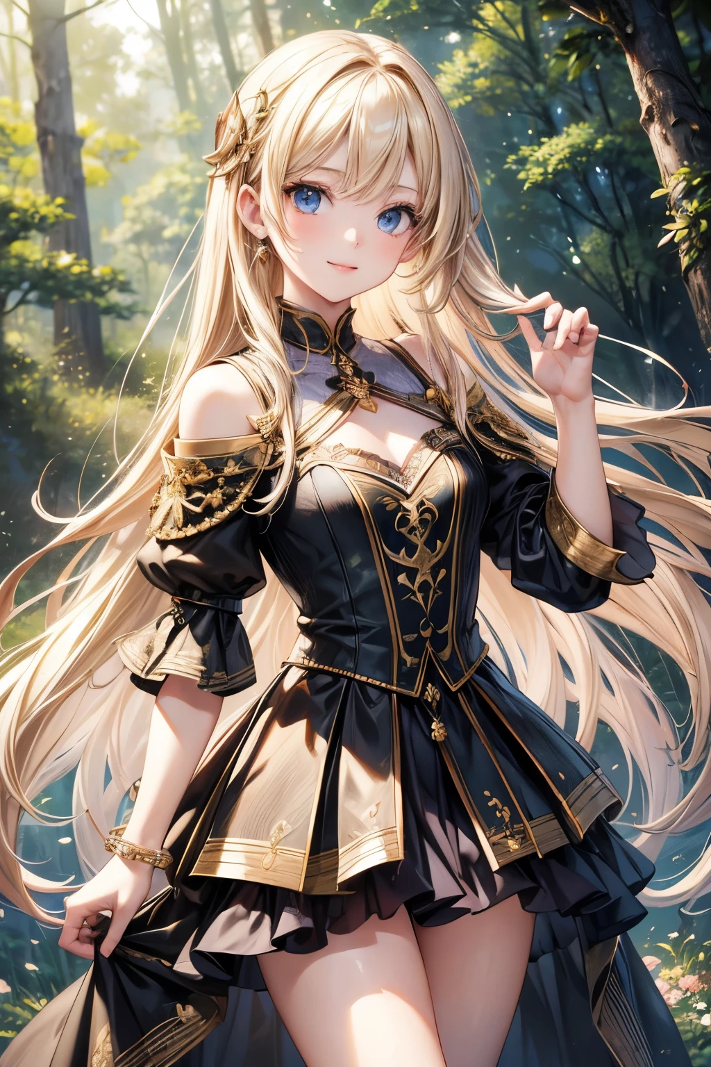 masterpiece, best quality , very detailed on trends,photo realistic, realistic, Ultra High Resolution, Masterpiece, beautiful girl, Age,Blonde, Straight Hair , perfect eyes, small breasts , so cute,smile,fantasy outfit ,Delicate embroidery, Black Clothes ,Jewelry ornaments,forest,forestの中の町,stage, dynamic pose