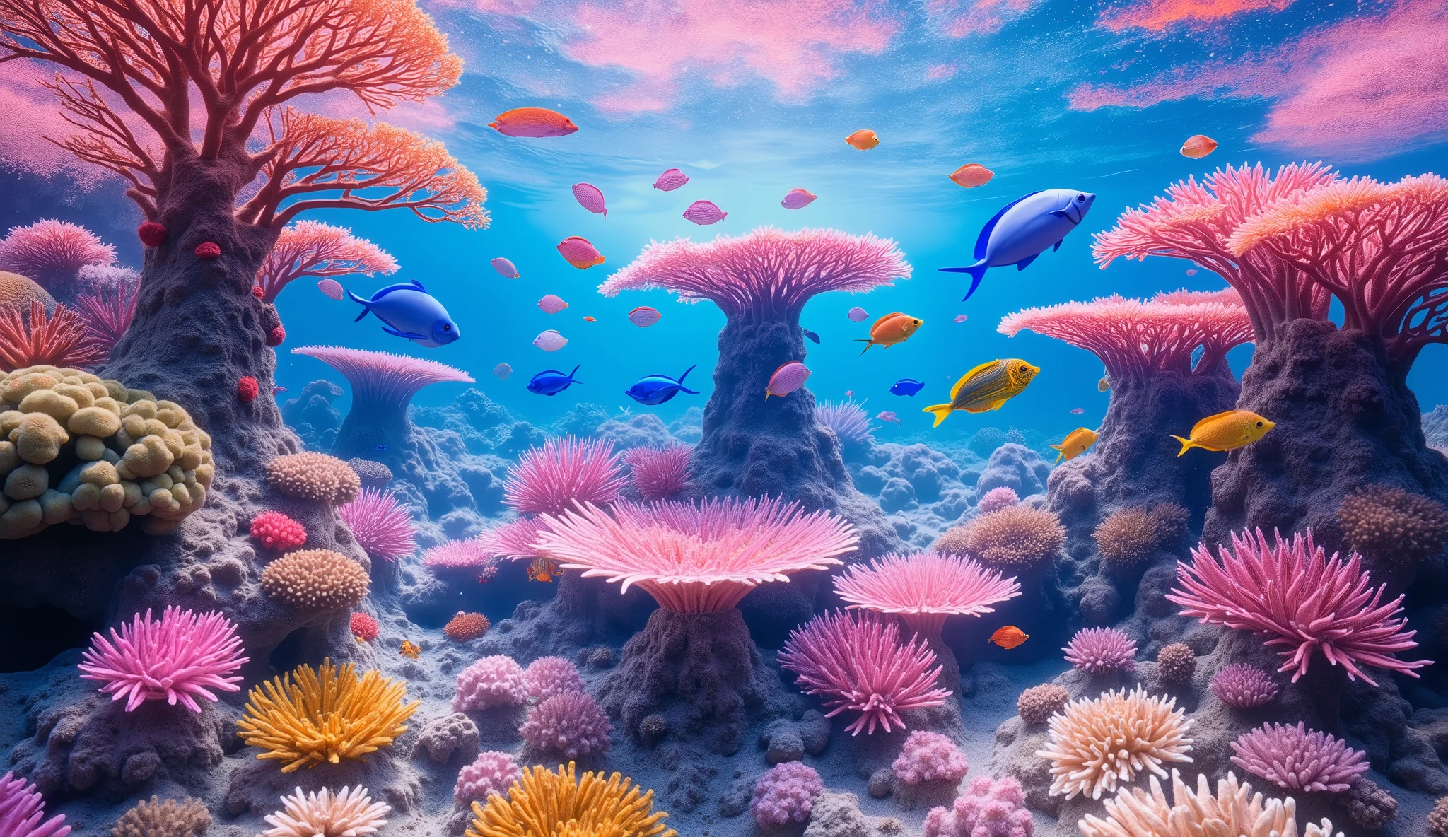 (In the water), Undersea heaven ,((Huge table corals with lots of fluorescent green branches stand in the center)),(( coral reefs with dense hard corals and soft corals )),Realistic Expression , shot with a fisheye lens  ,(( Multiple Fluorescent Green Corals )), (( are filled with 10,000 natural coral groups with lots of extremely colorful colors)), (Lots of butterfish are swimming ),(( lots of green and blue soft corals that emit fluorescent colors )), crystal clear water, , strong sunshine ,Vast coral reefs ,Detailed seaweed ,( lots of colorful tropical fish), large blue tropical fish , myriad cobalt sparrows , seahorses, lots of psychedelic starfish on the seabed , life,  lively colors, Serene atmosphere, Quiet, Swaying seaweed ,  array of vibrant colors ) , ( best quality , high resolution:1.2), (In the water photography), ( lively), (  soft diffused lighting  ), Orchestra of Highly Coloured Corals, Vast Seas ,Coral Reef,
