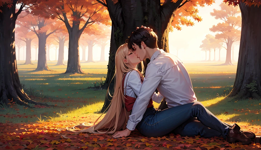 Canada、autumn leaves、Maple、hill、Maple、Leaves fall、One man and one woman, A man is sitting under a tree and reading。Woman sleeping on man's lap、Blissful expression、Korean Drama、Tokkebi、Gong Yoo、Kim Go Eun, Man in a stylish suit, Woman wearing a long-sleeved sweater, Pleated skirt, Red scarf、