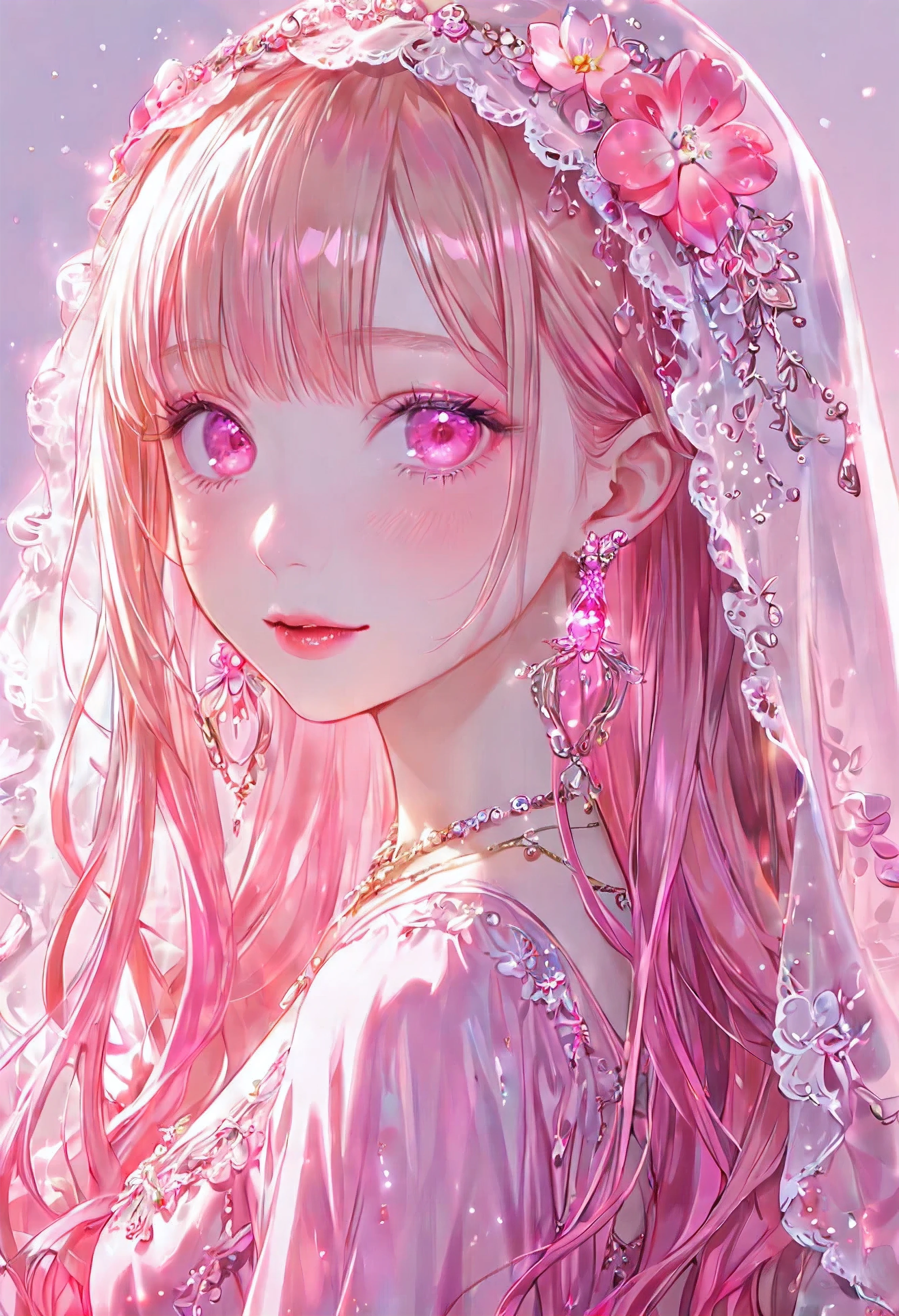 rainbow, One Girl, alone,So cute, Long Hair, Show Viewer,   Pink Eyes,  Background, White Background, jewelry, Mouth closed,  Upper Body, Strawberry blonde Hair, Earrings, Pink Eyes, necklace, From the side,  lips, eyelash, Compensate, Straight Hair, Earrings, lipstick, 耳のEarrings, eye shadow, diamond  flower pink small Earrings, ピンクのlips, eyes, Pink  Theme, pretty  necklace , shining pink eyes, pink, shining, ethereal, goodness, shining,veil, pink flowy dress,  hair accessories , make up, golden make up, pink eyes,  emotion,  not tired eyes, happy, pink petales, pink aura, pink , happy eyes,  cute energetic eyes , pink aura