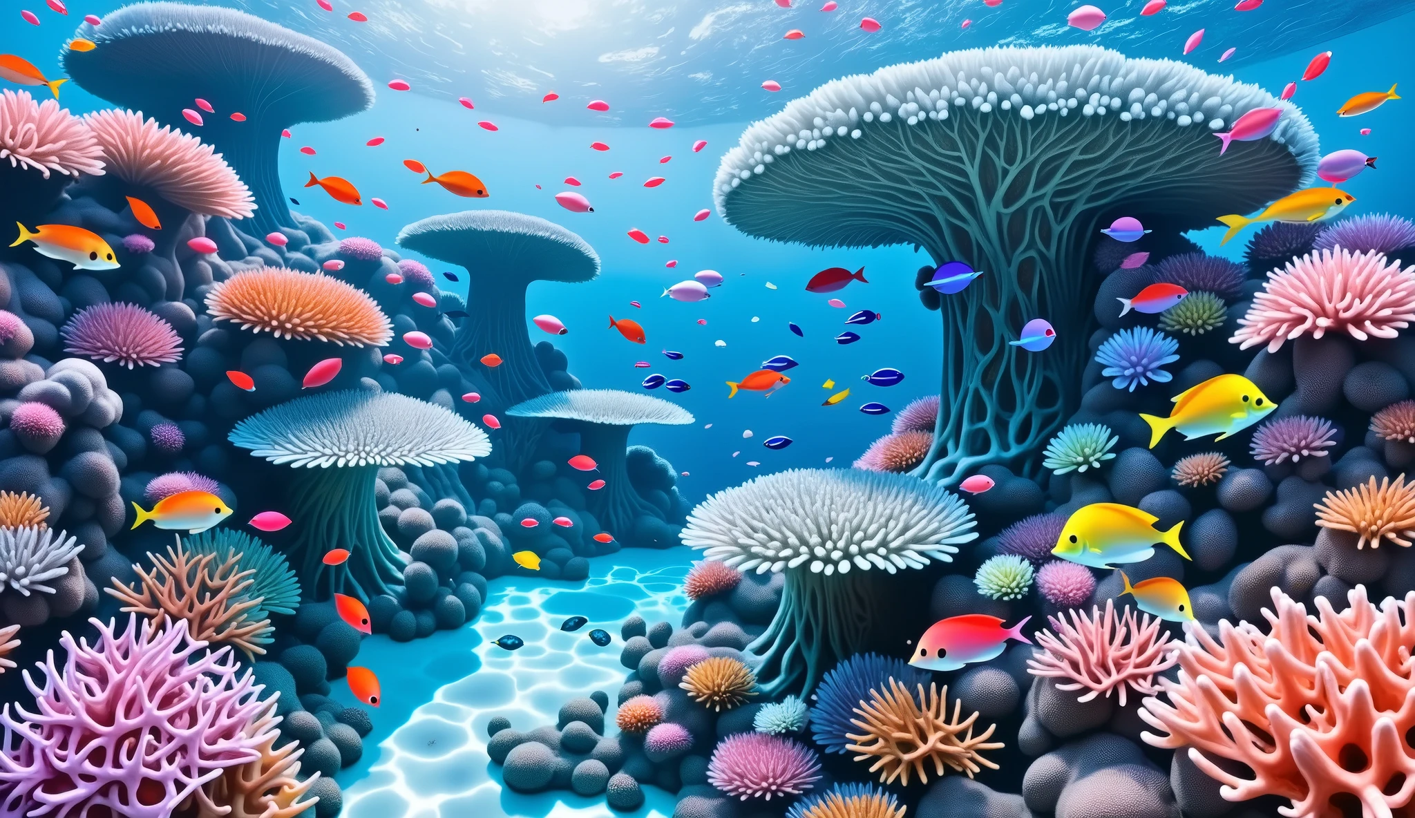 (In the water), Undersea heaven ,((Huge table corals with lots of fluorescent green branches stand in the center)),(( coral reefs with dense hard corals and soft corals )),Realistic Expression , shot with a fisheye lens ,(( Multiple Fluorescent Green Corals )), (( are filled with 10,000 natural coral groups with lots of extremely colorful colors)), (Lots of butterfish are swimming ),(( lots of green and blue soft corals that emit fluorescent colors )), crystal clear water, , strong sunshine ,Vast coral reefs ,Detailed seaweed ,( lots of colorful tropical fish), large blue tropical fish , myriad cobalt sparrows , seahorses, lots of psychedelic starfish on the seabed , life, lively colors, Serene atmosphere, Quiet, Swaying seaweed , array of vibrant colors ) , ( best quality , high resolution:1.2), (In the water photography), ( lively), ( soft diffused lighting ), Orchestra of Highly Coloured Corals, Vast Seas ,Coral Reef,
