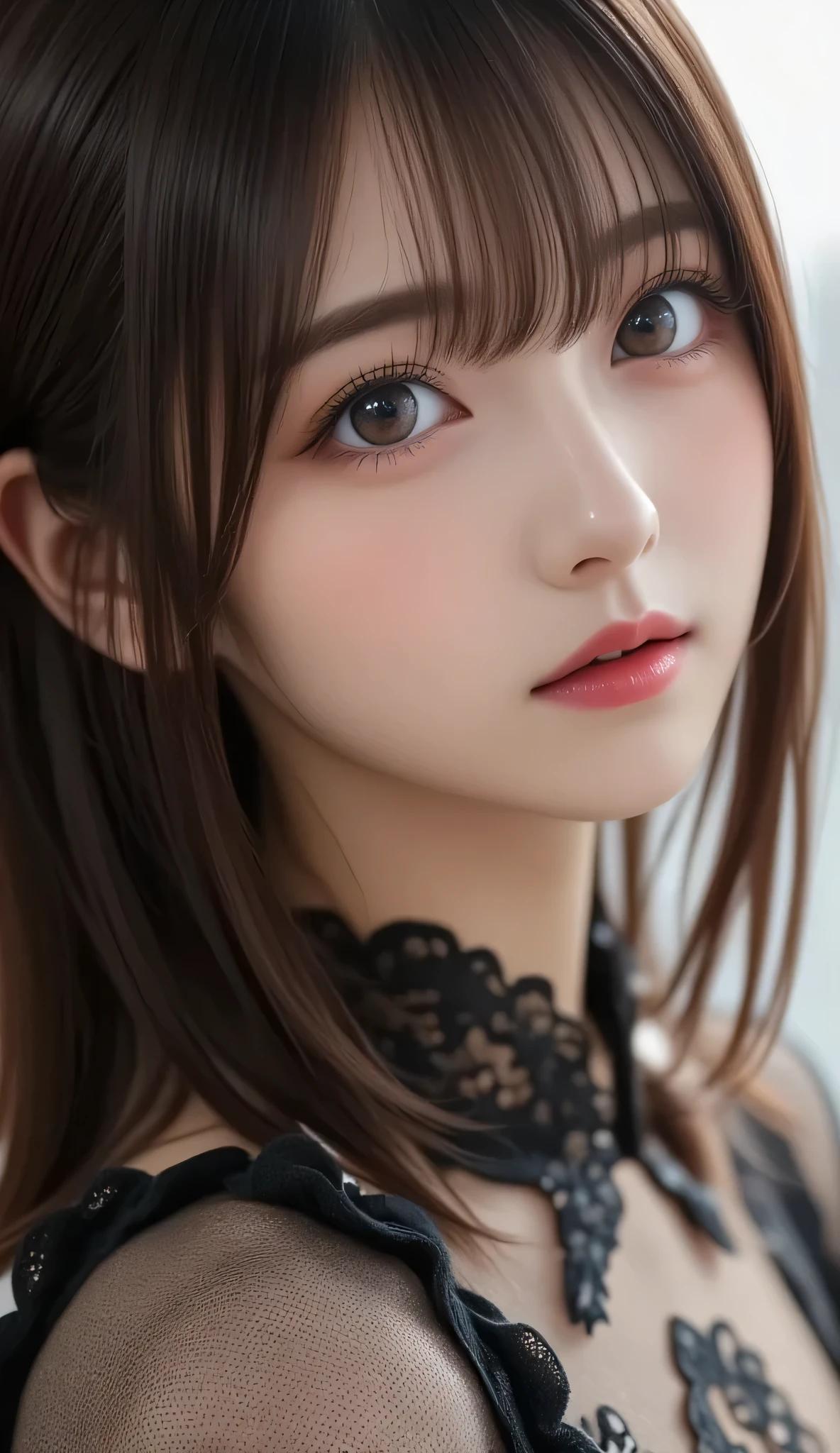 8k, ultra high definition , best quality , Masterpiece,rule of thirds,golden ratio, Surreal,photograph, one woman,( girl :1.3), cute, cute face, Beautiful eyes in every detail, Details, mature woman, princess,full body,smile, black hair,drill hair,ID photo,future, Brutal Cyberpunk Woman, luxurious and beautiful , hotel room,((black lace bondage fashion :1.5)), big window, with skyscrapers in the background , Fashion, Luxurious Decor,(BDSM Femdom),(Cute girl ),(Upper class woman:1.5), Expression of Despair , dark atmospheric lighting , Delicate details , Detailed face,anger, charming eyes,(portrait photograph:1.4), fantasy art ,( beautiful faces:1.4),beautiful and charming eyes 、 beautiful eyes,Silver Remaining,( thin waist:1.4)、( Beautiful :1.4), pink lips, profile,((( ideal body shape))),Small bust, A Cup :2,、 portrait:2、 perfect anatomy 、Vivid Details、 Details, thin lips,Perfect with beautiful faces ,完璧で cute face, Meticulous Skin , Perfect Limbs 、 thin waist, Surreal,Light and Dark, fashion magazine cover,glowing