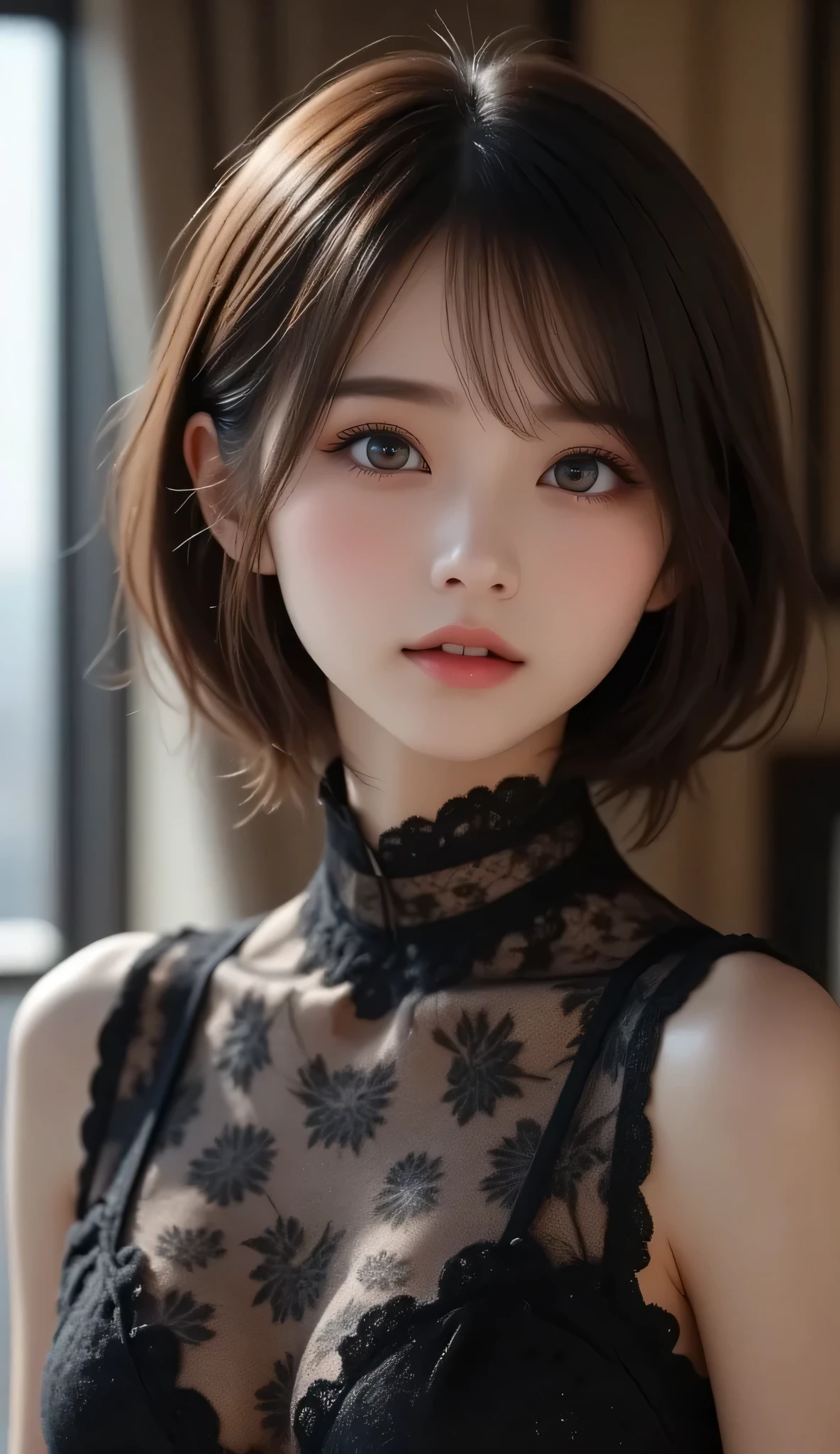 8k, ultra high definition , best quality , Masterpiece,rule of thirds,golden ratio, Surreal,photograph, one woman,( girl :1.3), cute, cute face, Beautiful eyes in every detail, Details, mature woman, princess,full body,smile, black hair,drill hair,ID photo,future, Brutal Cyberpunk Woman, luxurious and beautiful , hotel room,((black lace bondage fashion :1.5)), big window, with skyscrapers in the background , Fashion, Luxurious Decor,(BDSM Femdom),(Cute girl ),(Upper class woman:1.5), Expression of Despair , dark atmospheric lighting , Delicate details , Detailed face,anger, charming eyes,(portrait photograph:1.4), fantasy art ,( beautiful faces:1.4),beautiful and charming eyes 、 beautiful eyes,Silver Remaining,( thin waist:1.4)、( Beautiful :1.4), pink lips, profile,((( ideal body shape))),Small bust, A Cup :2,、 portrait:2、 perfect anatomy 、Vivid Details、 Details, thin lips,Perfect with beautiful faces ,完璧で cute face, Meticulous Skin , Perfect Limbs 、 thin waist, Surreal,Light and Dark, fashion magazine cover,glowing