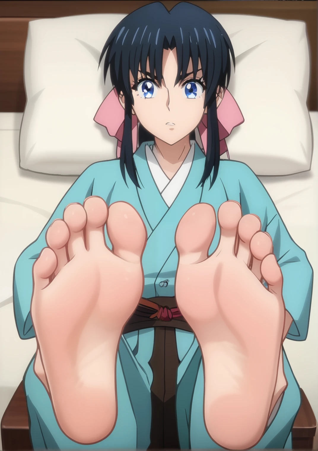 Score_9, score_8_up, source_anime, 1girl, Kaoru Kamiya, big eyes, alone, looking at viewer, in her bedroom, lying on the bed, from above, lifting legs to show her soles, cowboy shot, ANIME SCREENCAP, anime coloring, barefoot, perfect feet, anatomically correct, soles, focal length 35mm, each foot has five toes, front, symmetrical soles, foot focus, cyan kimono, cyan hakama pants, long black hair, ponytail tied with a pink ribbon, blue eyes, thick fringe of slightly curled bangs which hang past her eyebrows and are parted neatly in the middle as well as a few strands of shoulder-length hair in front of her ears