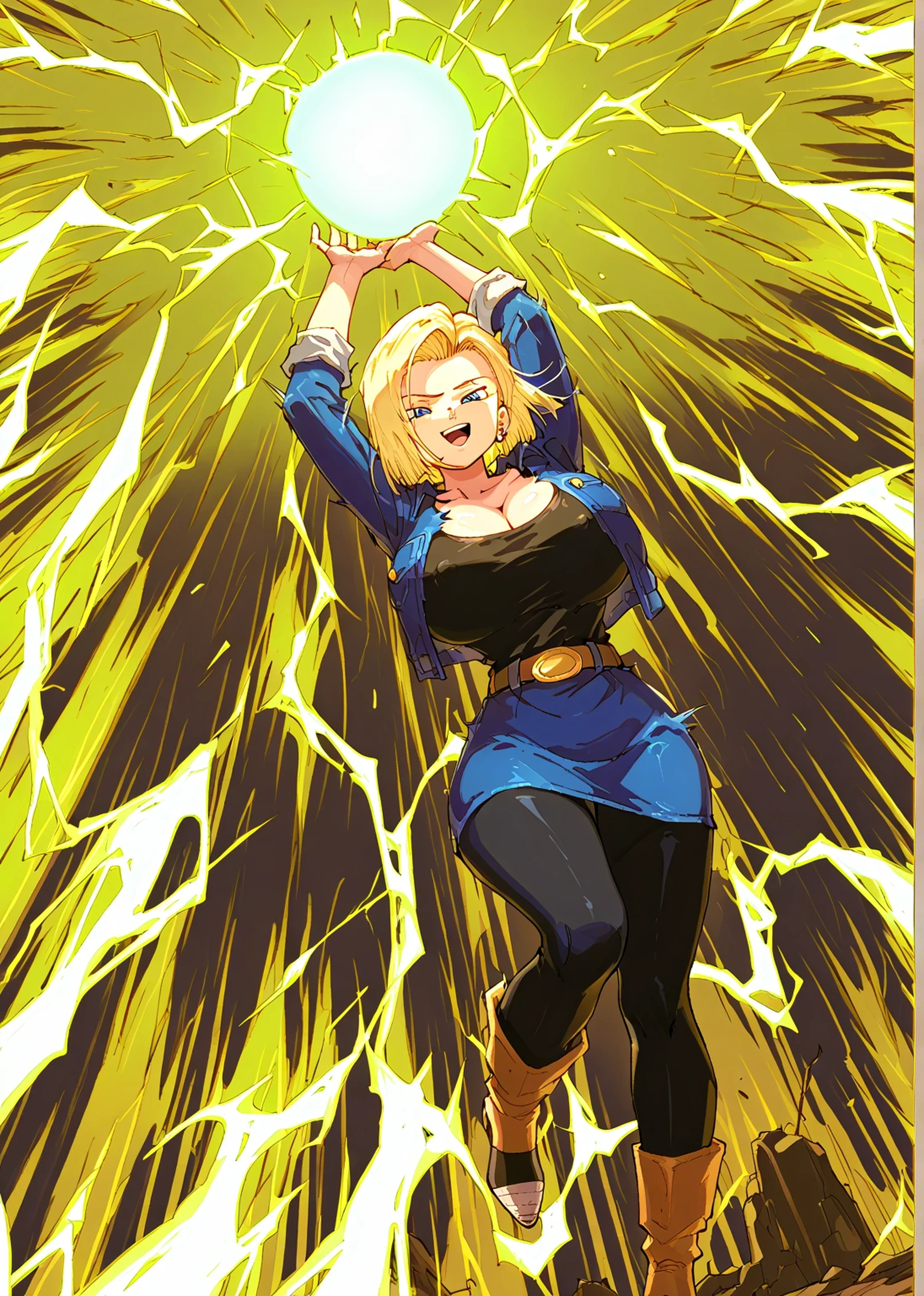 sysdeep_android18,{{{android 18, dragon ball z,short hair, blue eyes, blonde hair}}},{{{masterpiece, best quality,score_9, year 2024}}}, {{straight-on,dutch angle}},full body,1girl, solo, {{{young girl,,skinny,tall female}}},{{{huge breasts, perky breasts,narrow waist,linea alba}}}, {{{laughing,seductive smile,smirk,upper teeth only,big mouth}}}, looking at viewer, looking down,arms up,arm above head, {{{bouncing breasts, torn shirt, nipple slip,cleavage cutout,backlighting,from below}}}, blue jacket,miniskirt,black leggings,standing,floating,simple background, white background, aura,energy,energy ball,thunder,