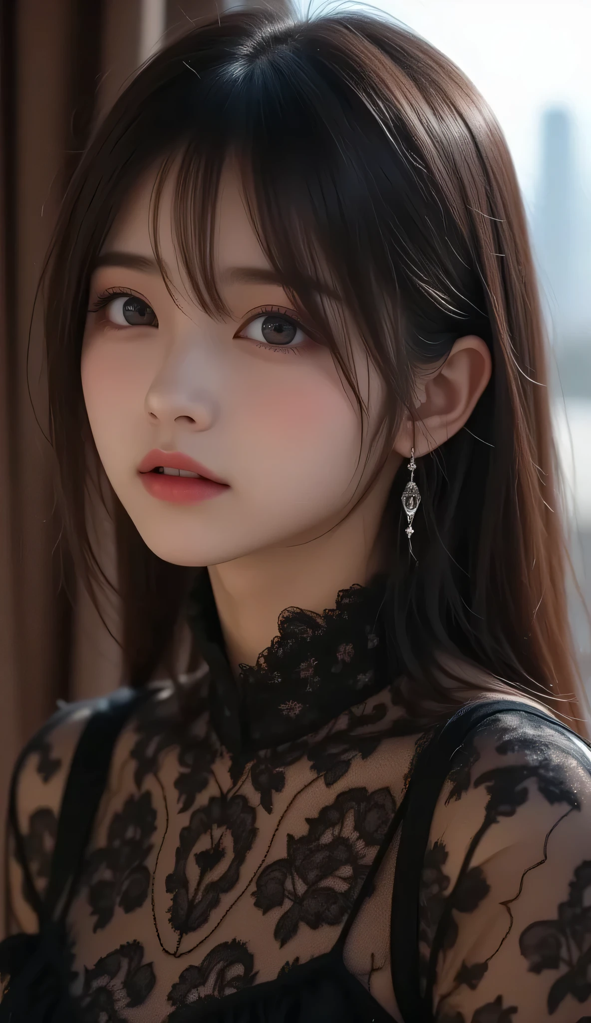 8k, ultra high definition , best quality , Masterpiece,rule of thirds,golden ratio, Surreal,photograph, one woman,( girl :1.3), cute, cute face, Beautiful eyes in every detail, Details, mature woman, princess,full body,smile, black hair,drill hair,ID photo,future, Brutal Cyberpunk Woman, luxurious and beautiful , hotel room,((black lace bondage fashion :1.5)), big window, with skyscrapers in the background , Fashion, Luxurious Decor,(BDSM Femdom),(Cute girl ),(Upper class woman:1.5), Expression of Despair , dark atmospheric lighting , Delicate details , Detailed face,anger, charming eyes,(portrait photograph:1.4), fantasy art ,( beautiful faces:1.4),beautiful and charming eyes 、 beautiful eyes,Silver Remaining,( thin waist:1.4)、( Beautiful :1.4), pink lips, profile,((( ideal body shape))),Small bust, A Cup :2,、 portrait:2、 perfect anatomy 、Vivid Details、 Details, thin lips,Perfect with beautiful faces ,完璧で cute face, Meticulous Skin , Perfect Limbs 、 thin waist, Surreal,Light and Dark, fashion magazine cover,glowing