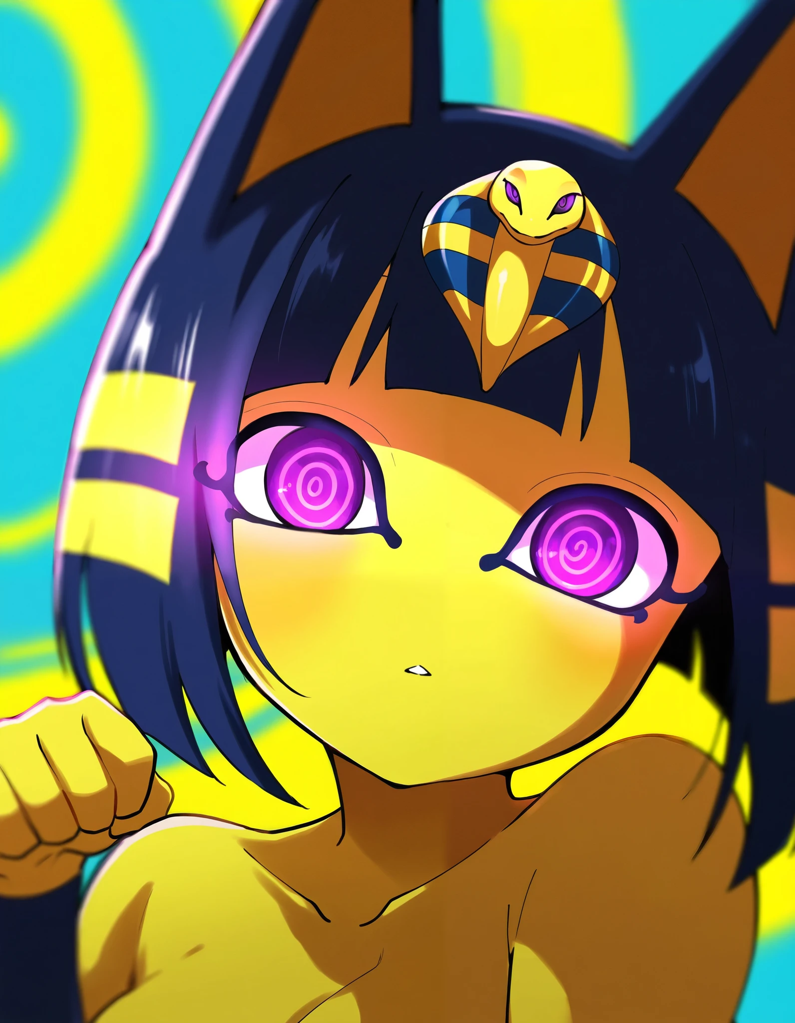 shadowillstyle, depth of field, 1girl, furry, ankha \(animal crossing\), expressionless, eye reflection, yellow background, yellow theme, blue background, desert, spiral eyes, purple eyes, glowing eyes, wide-eyed, paw pose, looking at viewer, close-up, parted lips,