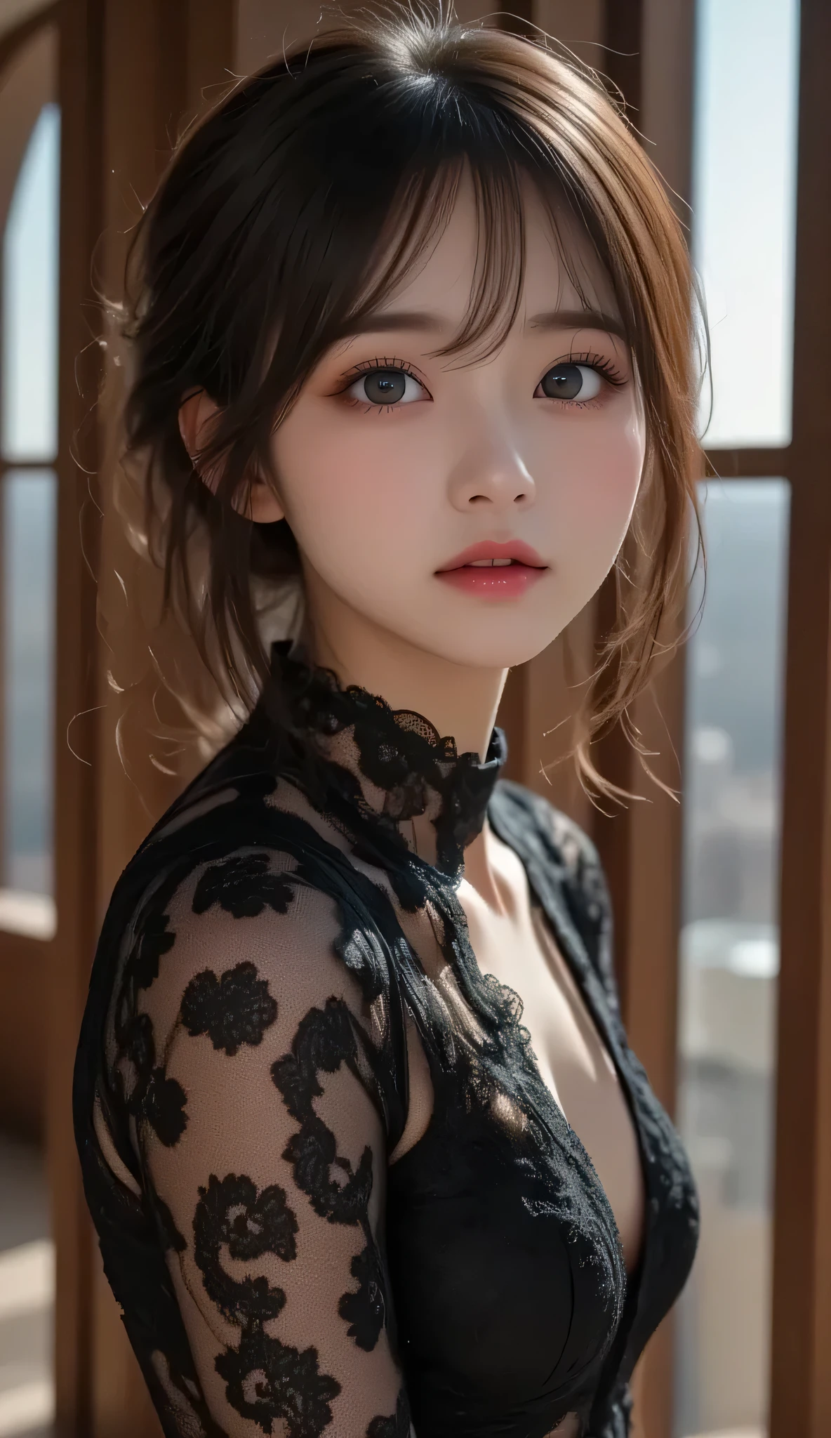 8k, ultra high definition , best quality , Masterpiece,rule of thirds,golden ratio, Surreal,photograph, one woman,( girl :1.3), cute, cute face, Beautiful eyes in every detail, Details, mature woman, princess,full body,smile, black hair,drill hair,ID photo,future, Brutal Cyberpunk Woman, luxurious and beautiful , hotel room,((black lace bondage fashion :1.5)), big window, with skyscrapers in the background , Fashion, Luxurious Decor,(BDSM Femdom),(Cute girl ),(Upper class woman:1.5), Expression of Despair , dark atmospheric lighting , Delicate details , Detailed face,anger, charming eyes,(portrait photograph:1.4), fantasy art ,( beautiful faces:1.4),beautiful and charming eyes 、 beautiful eyes,Silver Remaining,( thin waist:1.4)、( Beautiful :1.4), pink lips, profile,((( ideal body shape))),Small bust, A Cup :2,、 portrait:2、 perfect anatomy 、Vivid Details、 Details, thin lips,Perfect with beautiful faces ,完璧で cute face, Meticulous Skin , Perfect Limbs 、 thin waist, Surreal,Light and Dark, fashion magazine cover,glowing