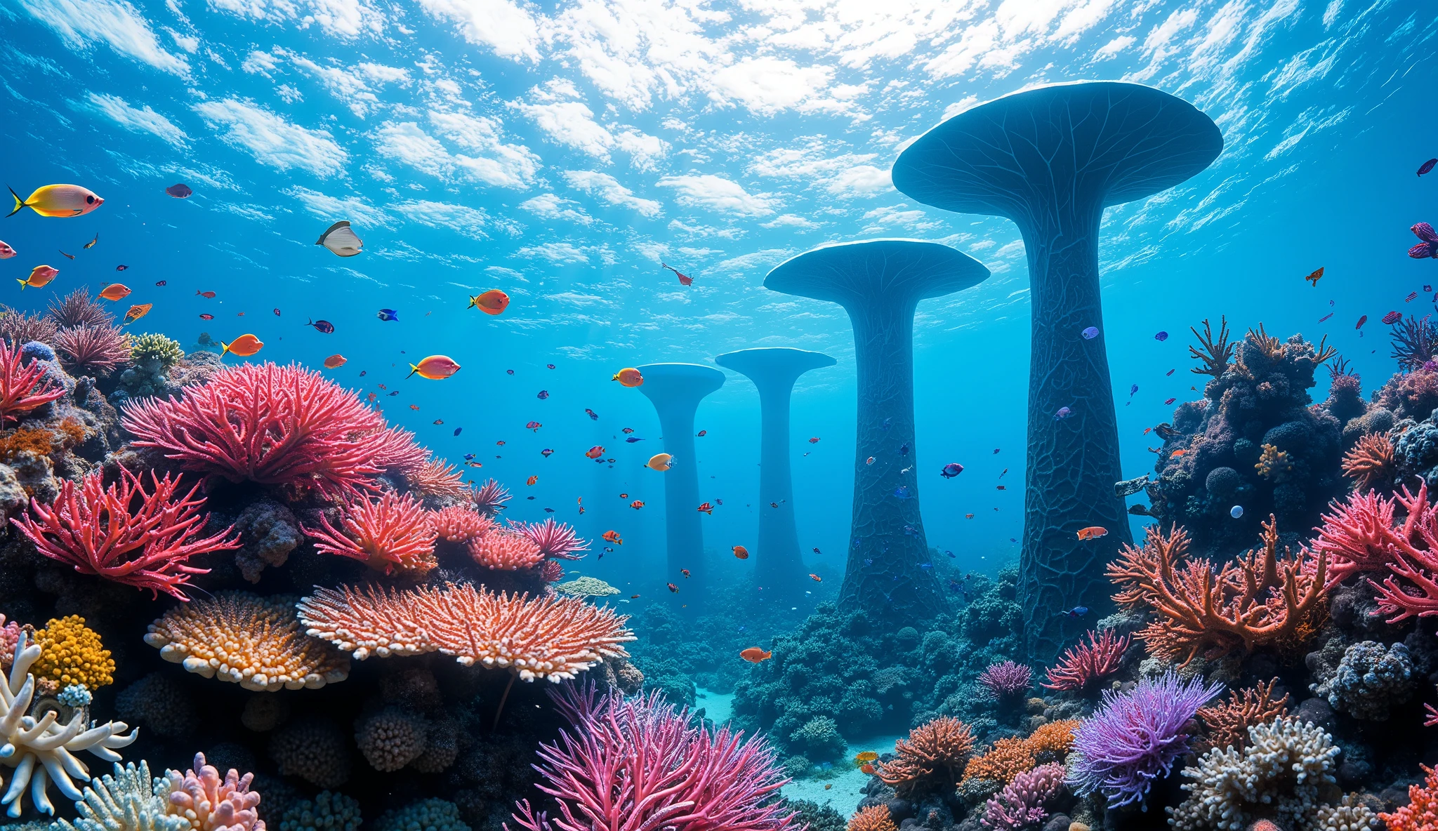 (In the water), Undersea heaven ,((Huge table corals with lots of fluorescent green branches stand in the center)),(( coral reefs with dense hard corals and soft corals )),Realistic Expression , shot with a fisheye lens ,(( Multiple Fluorescent Green Corals )), (( are filled with 10,000 natural coral groups with lots of extremely colorful colors)), (Lots of butterfish are swimming ),(( lots of green and blue soft corals that emit fluorescent colors )), crystal clear water, , strong sunshine ,Vast coral reefs ,Detailed seaweed ,( lots of colorful tropical fish), large blue tropical fish , myriad cobalt sparrows , seahorses, lots of psychedelic starfish on the seabed , life, lively colors, Serene atmosphere, Quiet, Swaying seaweed , array of vibrant colors ) , ( best quality , high resolution:1.2), (In the water photography), ( lively), ( soft diffused lighting ), Orchestra of Highly Coloured Corals, Vast Seas ,Coral Reef,