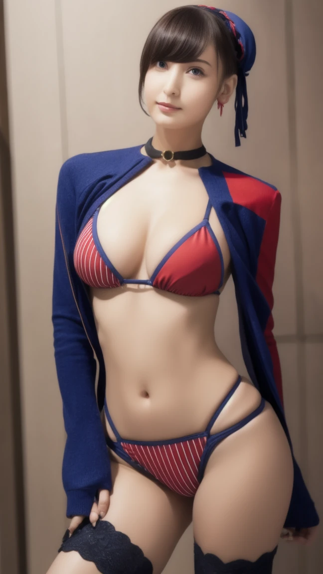 masterpiece, ((best quality)), 4K, ultra-detailed, photorealistic, (1 girl), (upper body), (A fascinating eye for perfect detail:1.2), (provocative smile), (blue eyes), (medium breasts), race queen, ((red cropped jacket)), ((red highleg bikini)), ((black thigh boots)), ((standing on the circuit)), (on the circuit)
