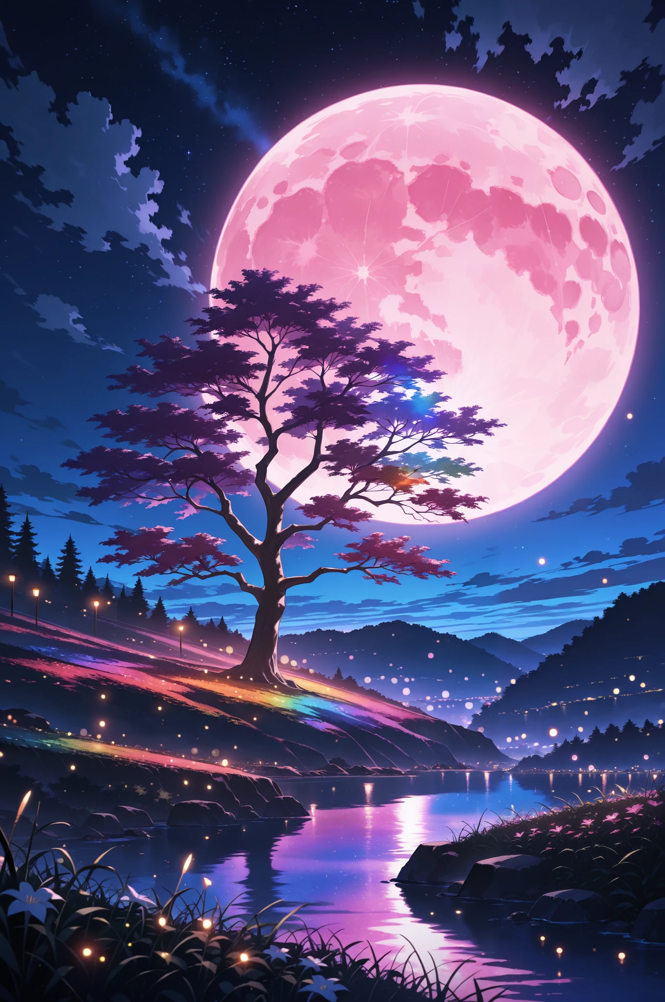 paint (strokes)+, atmosphere, nature scenery, aspect ratio 1:1, raytracing, Bokeh, smooth, (colorful), (detailed complex busy background: 0.8), fantasy flowers, (night:1.4), intricate details, beautiful glitters, flat illustration, detail love, (ultra-detailed), photon mapping, ((intricate details)), (big pink moon),masterpiece, best quality, amazing quality, very aesthetic, absurdres, newest, highly detailed,high-resolution,