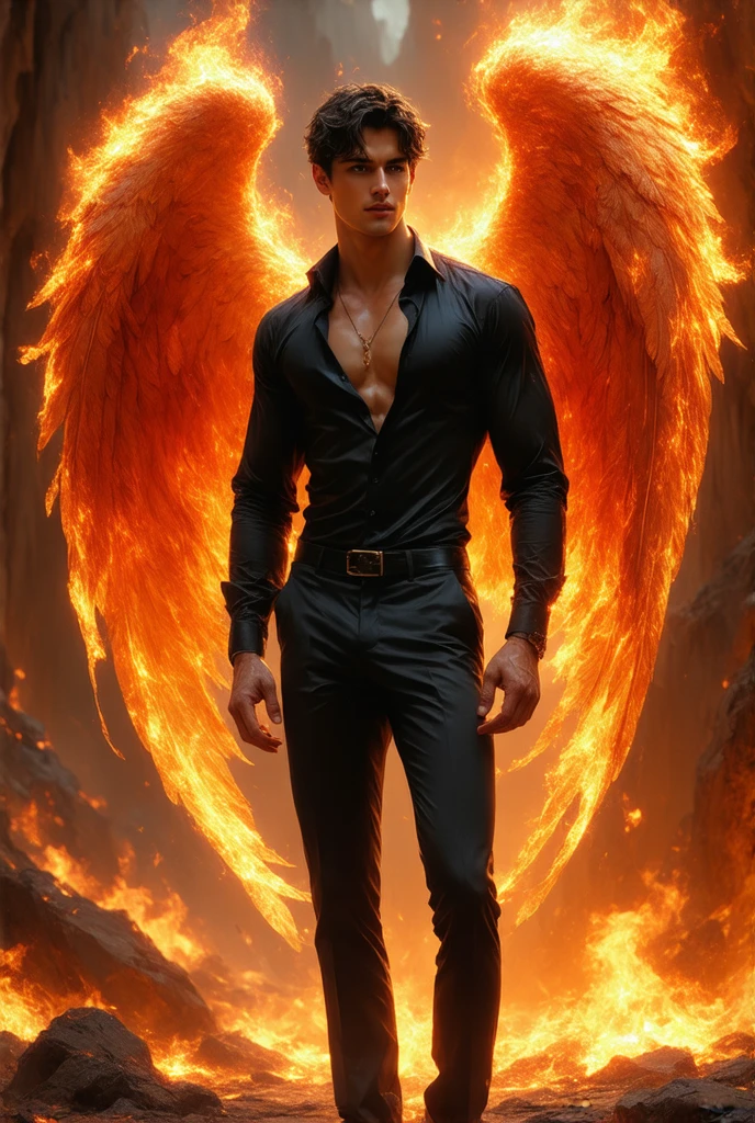 breathtaking shallow depth of field, bokeh, create the image of an evil male angel, flying in dark clouds, destroyer, with long flaming wings, dressed in a black tunic, in a backdrop of dark clouds, with cinematographic lighting