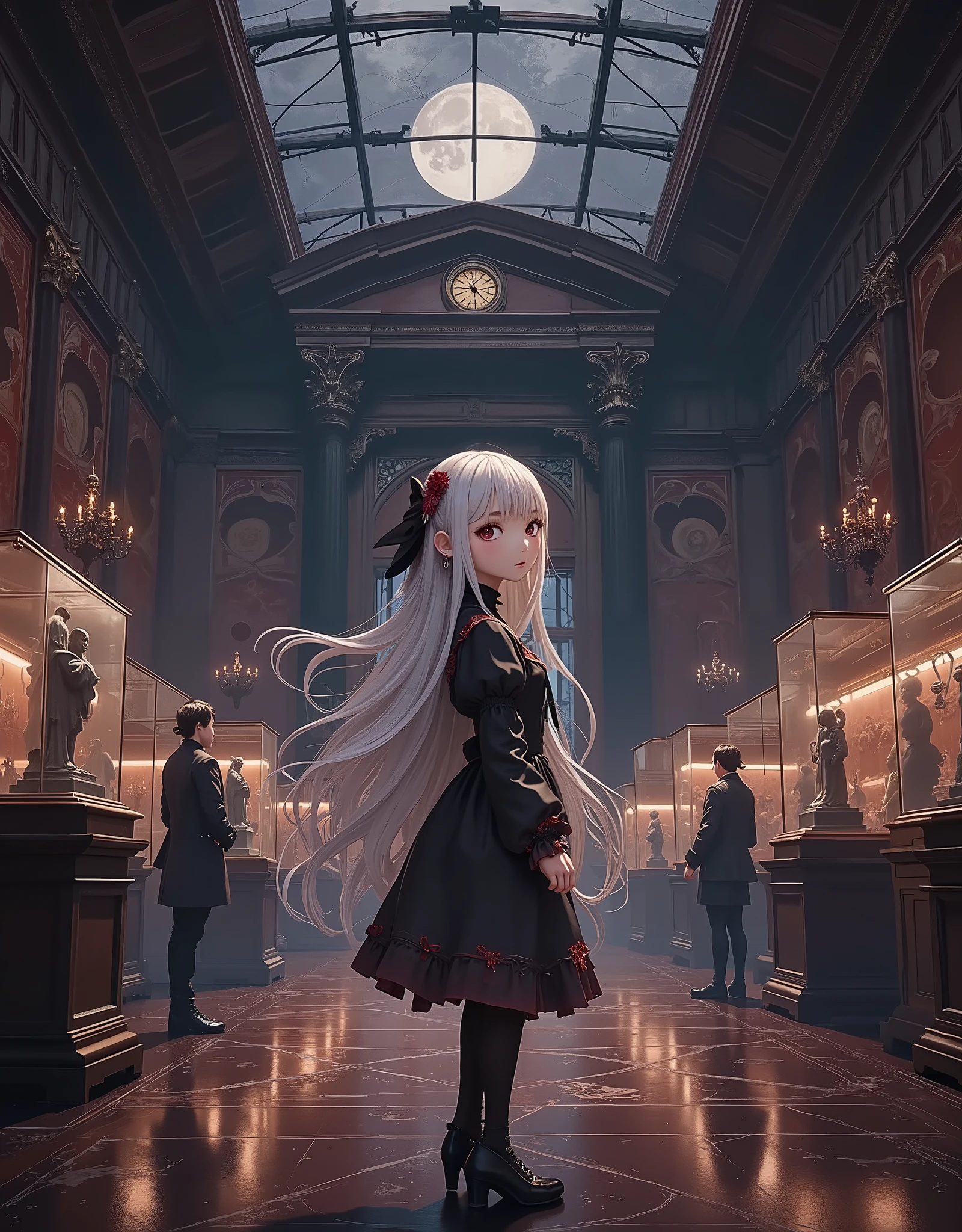 a museum at night, 1girl, girl exploring museum at night, beautiful detailed eyes, beautiful detailed lips, extremely detailed eyes and face, long eyelashes, museum interior, museum artifacts, museum exhibits, moonlight, dim lighting, (best quality,4k,8k,highres,masterpiece:1.2),ultra-detailed,(realistic,photorealistic,photo-realistic:1.37),museum atmosphere, museum architecture, intricate details, ambient lighting, sense of wonder and discovery