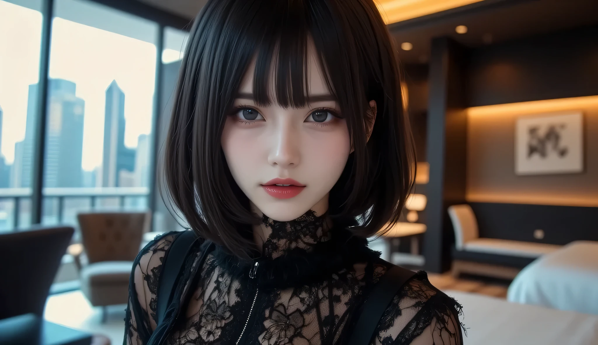 8k, ultra high definition , best quality , Masterpiece,rule of thirds,golden ratio, Surreal,photograph, one woman,( girl :1.3), cute, cute face, Beautiful eyes in every detail, Details, mature woman, princess,extream close up,smile, black hair,drill hair,ID photo,future, Brutal Cyberpunk Woman, luxurious and beautiful , hotel room,((black lace bondage fashion :1.5)), big window, with skyscrapers in the background , Fashion, Luxurious Decor,(BDSM Femdom),(Cute girl ),(Upper class woman:1.5), Expression of Despair , dark atmospheric lighting , Delicate details , Detailed face,anger, charming eyes,(portrait photograph:1.4), fantasy art ,( beautiful faces:1.4),beautiful and charming eyes 、 beautiful eyes,Silver Remaining,( thin waist:1.4)、( Beautiful :1.4), pink lips, profile,((( ideal body shape))),Small bust, A Cup :2,、 portrait:2、 perfect anatomy 、Vivid Details、 Details, thin lips,Perfect with beautiful faces ,完璧で cute face, Meticulous Skin , Perfect Limbs 、 thin waist, Surreal,Light and Dark, fashion magazine cover,glowing