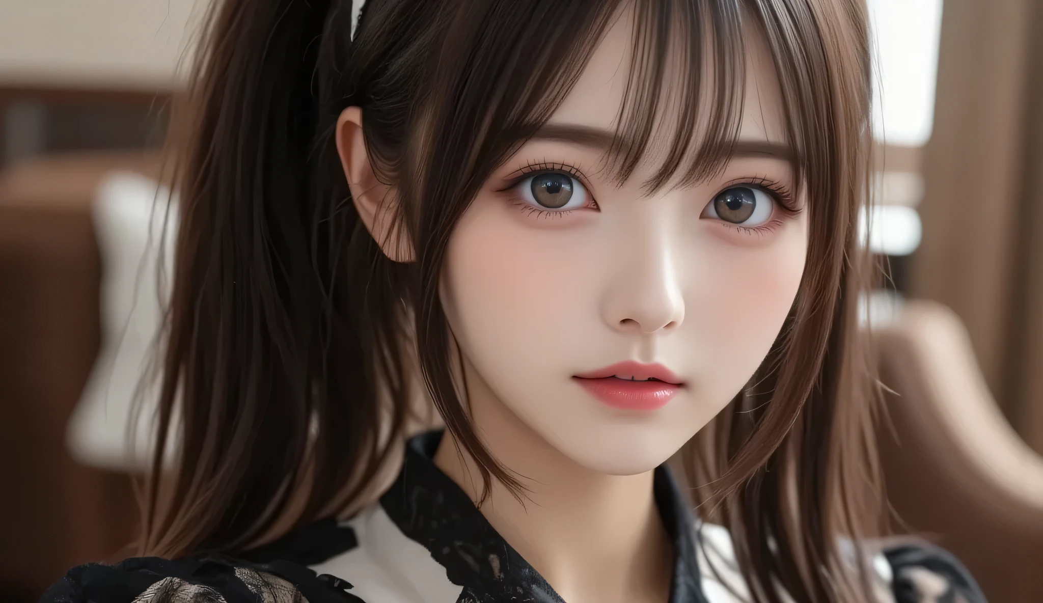 8k, ultra high definition , best quality , Masterpiece,rule of thirds,golden ratio, Surreal,photograph, one woman,( girl :1.3), cute, cute face, Beautiful eyes in every detail, Details, mature woman, princess,extream close up,smile, black hair,drill hair,ID photo,future, Brutal Cyberpunk Woman, luxurious and beautiful , hotel room,((black lace bondage fashion :1.5)), big window, with skyscrapers in the background , Fashion, Luxurious Decor,(BDSM Femdom),(Cute girl ),(Upper class woman:1.5), Expression of Despair , dark atmospheric lighting , Delicate details , Detailed face,anger, charming eyes,(portrait photograph:1.4), fantasy art ,( beautiful faces:1.4),beautiful and charming eyes 、 beautiful eyes,Silver Remaining,( thin waist:1.4)、( Beautiful :1.4), pink lips, profile,((( ideal body shape))),Small bust, A Cup :2,、 portrait:2、 perfect anatomy 、Vivid Details、 Details, thin lips,Perfect with beautiful faces ,完璧で cute face, Meticulous Skin , Perfect Limbs 、 thin waist, Surreal,Light and Dark, fashion magazine cover,glowing