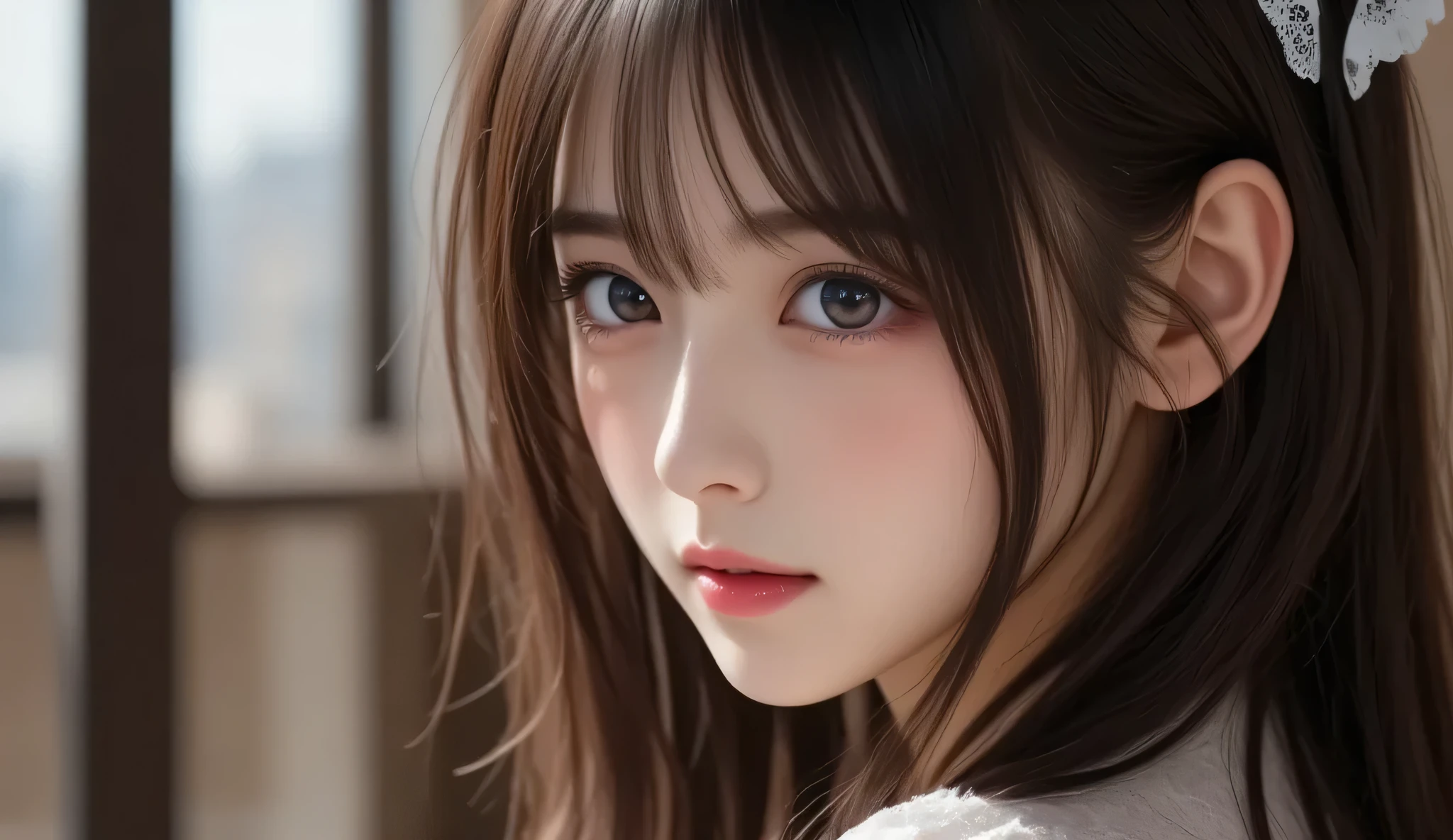 8k, ultra high definition ,   best quality , Masterpiece,rule of thirds,golden ratio, Surreal,photograph,  one woman,(  girl :1.3), cute, cute face, Beautiful eyes in every detail, Details, mature woman, princess,extream close up,smile, black hair,drill hair,ID photo,future, Brutal Cyberpunk Woman, luxurious and beautiful , hotel room,((black lace bondage fashion :1.5)),  big window, with skyscrapers in the background , Fashion, Luxurious Decor,(BDSM Femdom),(Cute  girl ),(Upper class woman:1.5), Expression of Despair , dark atmospheric lighting , Delicate details ,   Detailed face,anger,  charming eyes,(portrait photograph:1.4),  fantasy art  ,(  beautiful faces:1.4),beautiful and charming eyes 、  beautiful eyes,Silver Remaining,(  thin waist:1.4)、( Beautiful :1.4),  pink lips, profile,(((  ideal body shape))),Small bust, A Cup :2,、 portrait:2、  perfect anatomy 、Vivid Details、  Details, thin lips,Perfect with beautiful faces ,完璧で cute face,   Meticulous Skin  ,  Perfect Limbs 、  thin waist,  Surreal,Light and Dark,  fashion magazine cover,glowing