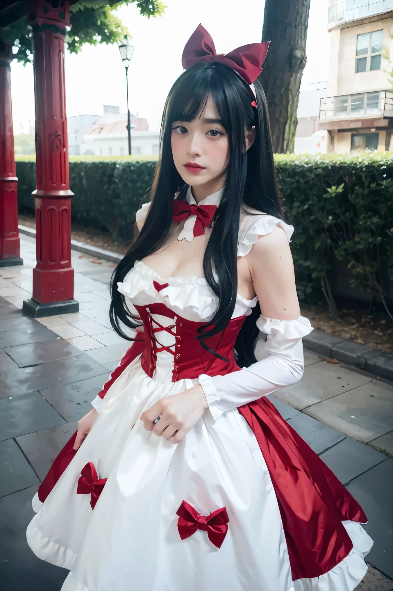 Araffe dressed as a snow white with a red bow and a red bow, beautiful vampire queen, realistic cosplay, Marceline from Adventure Time, anime girl cosplay, 4K HD snow white hair, beautiful vampire queen, snow white as a d &d fighter, snow white, anime cosplay, cosplay, vampire Carmilla, with long dark hair, on the streets,torn clothes,large breasts