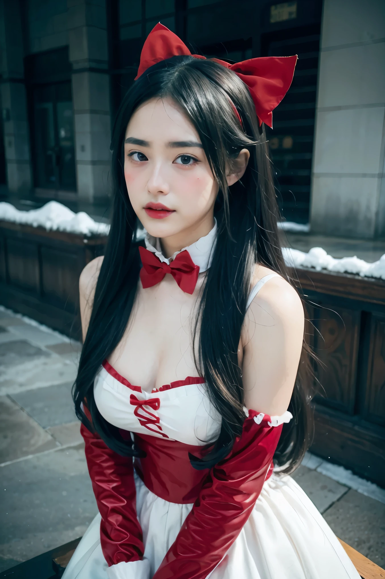 Araffe dressed as a snow white with a red bow and a red bow, beautiful vampire queen, realistic cosplay, Marceline from Adventure Time, anime girl cosplay, 4K HD snow white hair, beautiful vampire queen, snow white as a d &d fighter, snow white, anime cosplay, cosplay, vampire Carmilla, with long dark hair, on the streets,torn clothes,large breasts