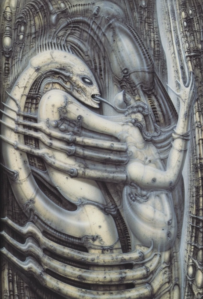 A high-definition, high-realistic portrayal of a chubby naked woman in a surreal, biomechanical environment that echoes the haunting aesthetics of H.R. Giger. Her voluptuous form is nestled within a nightmarish landscape of intertwining tentacles, tendrils, and spines that extend from the walls and floor of a cavernous chamber. The woman's skin glistens with a blend of organic sweat and a metallic sheen, as if her flesh has been fused with the surrounding technology. Her eyes are closed in a serene yet slightly pained expression, suggesting a mix of submission and resilience to the alien embrace that envelops her. The tendrils, reminiscent of octopus limbs, are adorned with bulbous tips that pulse with a sickly bioluminescence, wrapping around her body in a sensual yet restraining fashion. The scene is a tapestry of industrial hues: deep purples, greens, and blacks that create a dystopian ambiance. Spines and ridges protrude from the walls, casting sharp shadows across her soft flesh, while hoses and tubes snake around her, connecting her to the living structure of the room. The image is suffused with a sense of the surreal, as the lines between organic and mechanical blur, leaving the viewer questioning the nature of the symbiosis between the human form and the extraterrestrial architecture. The high quality of the image reveals every meticulous detail, from the intricate patterns on the tentacles to the beads of condensation on the cold metal surfaces, immersing the observer in a world that is both eerily beautiful and profoundly disturbing.