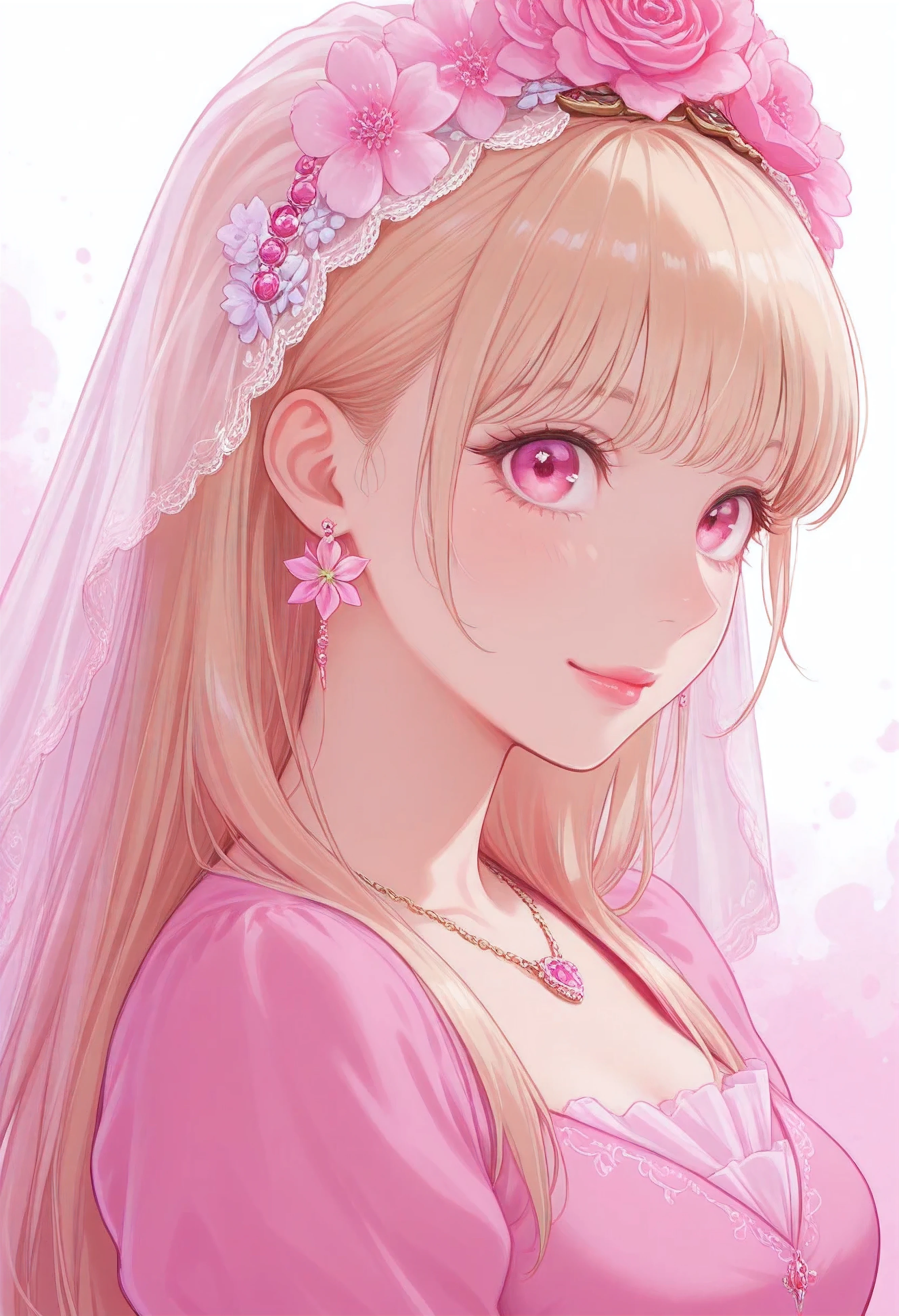 rainbow, One Girl, alone,So cute, Long Hair, Show Viewer, Pink Eyes, Background, White Background, jewelry, Mouth closed, Upper Body, Strawberry blonde Hair, Earrings, Pink Eyes, necklace, From the side, lips, eyelash, Compensate, Straight Hair, Earrings, lipstick, 耳のEarrings, eye shadow, diamond flower pink small Earrings, ピンクのlips, eyes, Pink Theme, pretty necklace , shining pink eyes, pink, shining, ethereal, goodness, shining,veil, pink flowy dress, hair accessories , make up, golden make up, pink eyes, emotion, not tired eyes, happy, pink petales, pink aura, pink , happy eyes, cute energetic eyes , pink aura