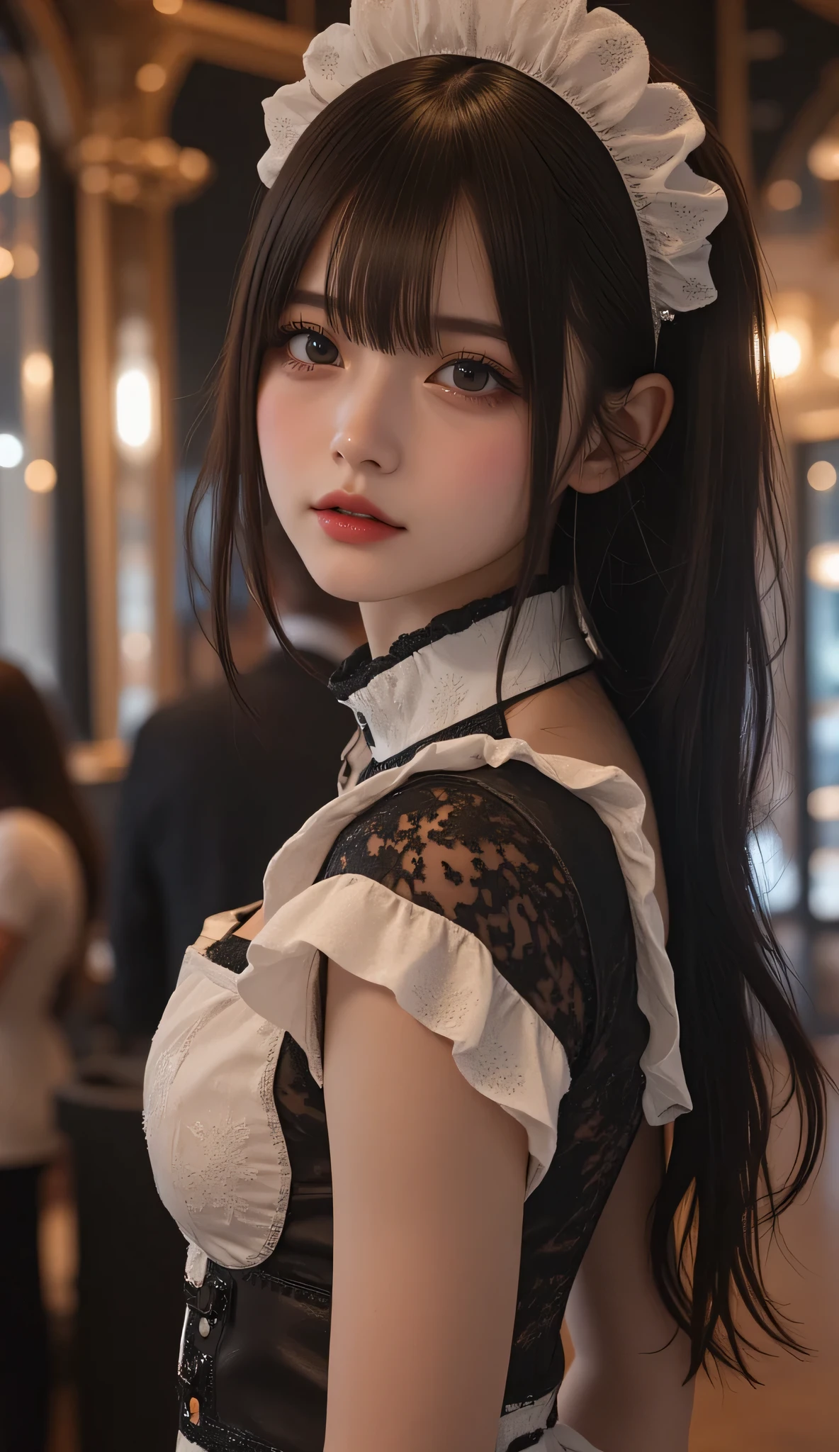 8k, ultra high definition , best quality , Masterpiece,rule of thirds,golden ratio, Surreal,photograph, one woman,( girl :1.3), cute, cute face, Beautiful eyes in every detail, Details, Mature Woman , princess,full body,smile, black hair,drill hair,ID photo,future, Brutal Cyberpunk Woman, luxurious and beautiful ,Cafe counter ,(( Rococo Style Maid Clothes :1.5)), white apron ,Knee-length boots, Luxurious Decor,(BDSM Femdom),(Cute girl ),(Upper class woman:1.5), Expression of Despair , dark atmospheric lighting , delicate detail, Detailed face,anger, charming eyes,(portrait photograph:1.4), fantasy art ,( beautiful faces:1.4),beautiful and charming eyes 、 beautiful eyes,Silver Remaining,( thin waist:1.4)、( Beautiful :1.4), pink lips, profile,((( ideal body shape))),Small bust, A Cup :2,、 portrait:2、 Complete anatomy 、Vivid Details、 Details, thin lips,Perfect with beautiful faces ,完璧で cute face, Meticulous Skin , Perfect Limbs 、 thin waist, Surreal,Light and Dark, fashion magazine cover,spotlight