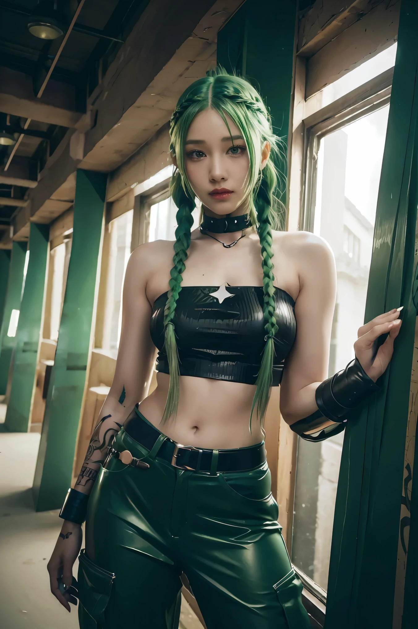 uma mulher com green hair e tatuagens, mulher cyberpunk mulher anime , pants, Deusa cyberpunk raivosa bonita , cyberpunk art style , Digital art of cyberpunk anime, cyberpunk anime art, arcane, portrait, cyberpunk anime art, cyberpunk themed art, cyberpunk dark fantasy, arcane style, 1 girl, stars tattoo on arm, asymmetrical bangs, fringe, green hair, green braids, brown shirt, stars tattoo, sideways, green hair, long hair pants, rose-colored eyes , Red lips, standing , cloud tattoo rendering, Twin braids. Jinx of the Arcane. Garota de green hair, garota de Twin braids, a girl in a burning place, spark, spheres of light, film poster, arcane\(League of Legends\, 1 girl, stars tattoo on arm, asymmetrical bangs, fringe, green hair, green braids, brown shirt, stars tattoo, sideways, green hair, girl with twin braids and green color