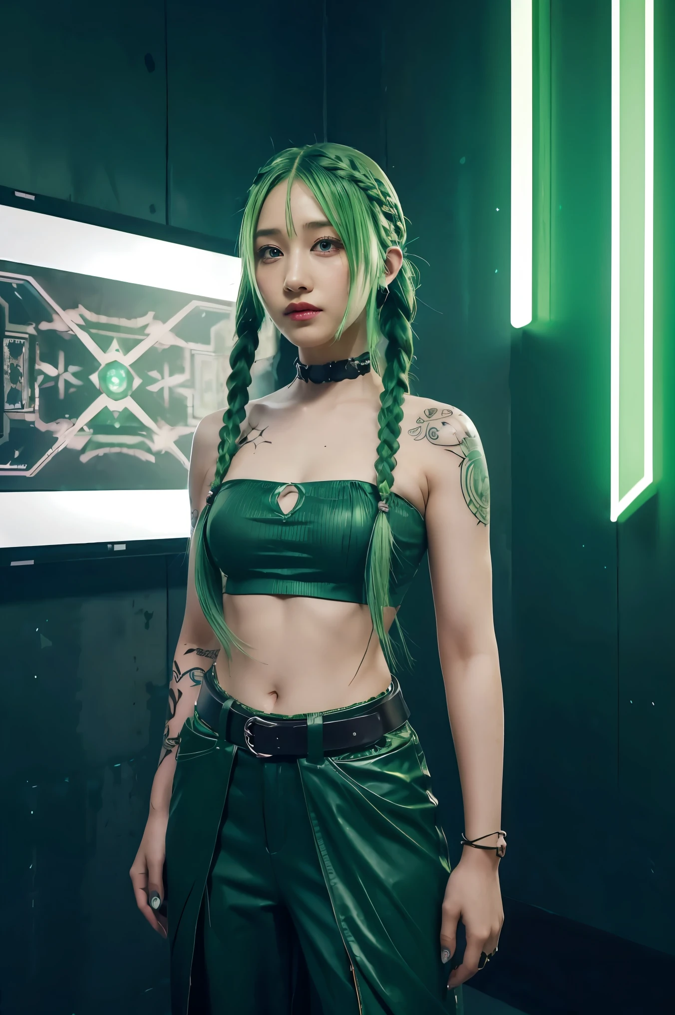 1 girl, solo, long_hair, bangs_between_the_eyes black_hair_with_strands_green, bi_color_ green_neon eyes, sexy_face, sword_in_hand, Playing_sword_with_your_hands, cyberpunk_clothes, short_jacket, navel appears, short_skirt, scarred_legs, left_arm_band, tattoo_above_navel_background_of_abandoned_house_red, manga_style_image .HDR, 8k, absurdres, cinestill 800, sharp focus, add_detail:3 (solo woman) anime Villainess, Ultra HD | | | ((Fullbody-shot)) add_detail:2 (1woman, solo)