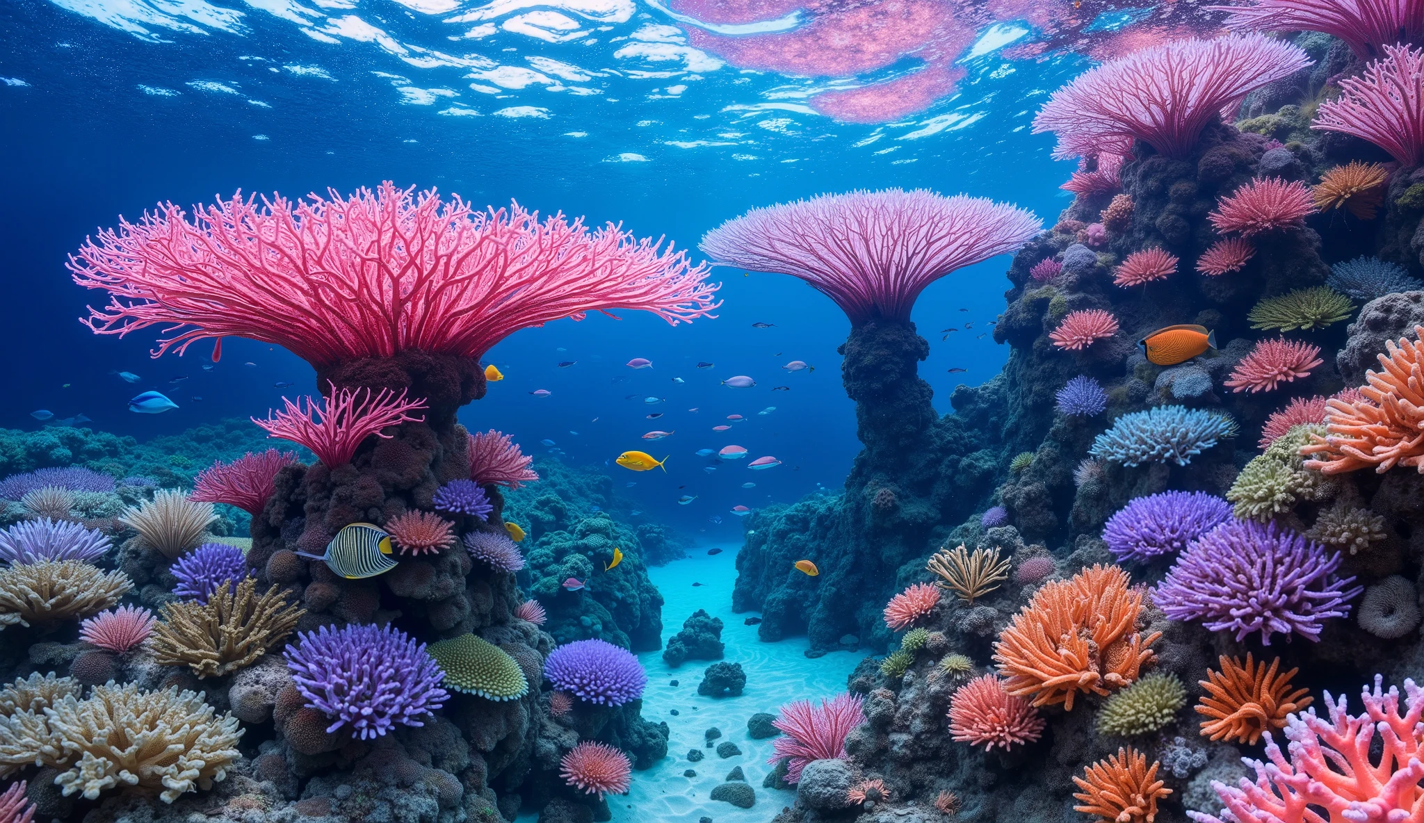 (In the water), Undersea heaven ,((Huge table corals with lots of fluorescent green branches stand in the center)),(( coral reefs with dense hard corals and soft corals )),Realistic Expression , shot with a fisheye lens  ,(( Multiple Fluorescent Green Corals )), (( are filled with 10,000 natural coral groups with lots of extremely colorful colors)), (Lots of butterfish are swimming ),(( lots of green and blue soft corals that emit fluorescent colors )), crystal clear water, , strong sunshine ,Vast coral reefs ,Detailed seaweed ,( lots of colorful tropical fish), large blue tropical fish , myriad cobalt sparrows , seahorses, lots of psychedelic starfish on the seabed , life,  lively colors, Serene atmosphere, Quiet, Swaying seaweed ,  array of vibrant colors ) , ( best quality , high resolution:1.2), (In the water photography), ( lively), (  soft diffused lighting  ), Orchestra of Highly Coloured Corals, Vast Seas ,Coral Reef,
