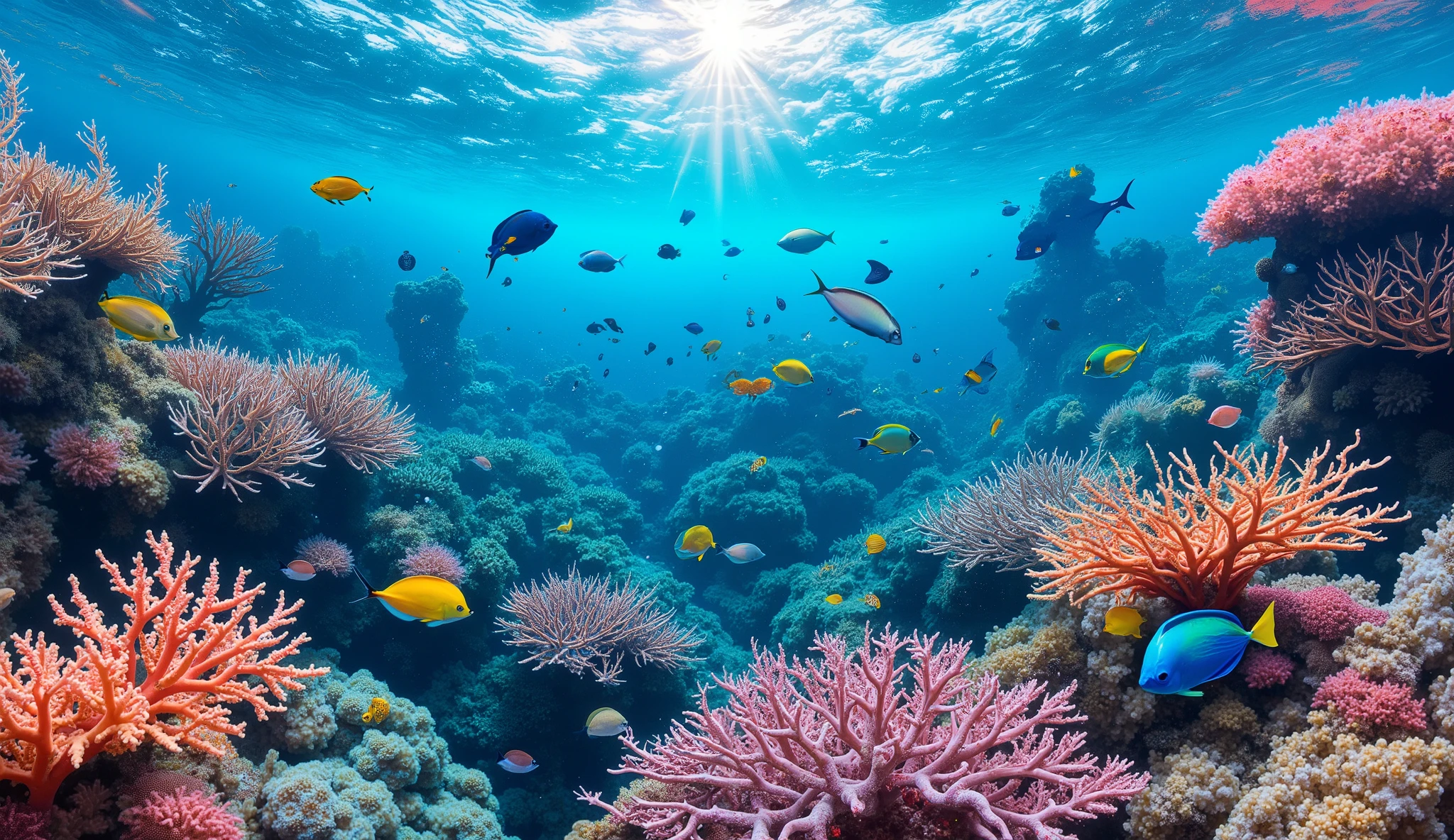 (In the water), Undersea heaven ,((Huge table corals with lots of fluorescent green branches stand in the center)),(( coral reefs with dense hard corals and soft corals )),Realistic Expression , shot with a fisheye lens  ,(( Multiple Fluorescent Green Corals )), (( are filled with 10,000 natural coral groups with lots of extremely colorful colors)), (Lots of butterfish are swimming ),(( lots of green and blue soft corals that emit fluorescent colors )), crystal clear water, , strong sunshine ,Vast coral reefs ,Detailed seaweed ,( lots of colorful tropical fish), large blue tropical fish , myriad cobalt sparrows , seahorses, lots of psychedelic starfish on the seabed , life,  lively colors, Serene atmosphere, Quiet, Swaying seaweed ,  array of vibrant colors ) , ( best quality , high resolution:1.2), (In the water photography), ( lively), (  soft diffused lighting  ), Orchestra of Highly Coloured Corals, Vast Seas ,Coral Reef,
