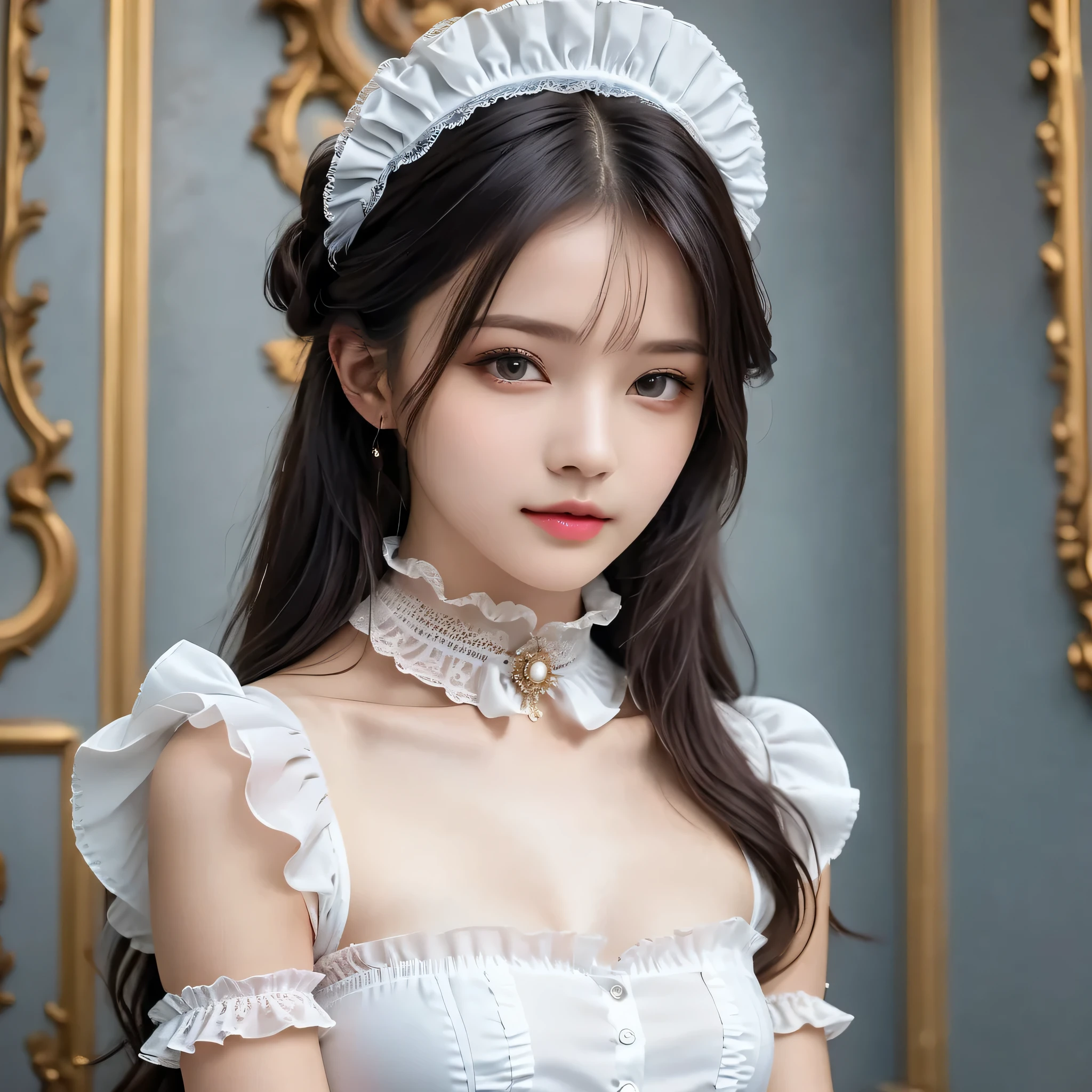 best quality, ultra high res, (photorealistic:1.4), portrait, 1 girl, (ulzzang-6500:1.0), (detailedmaid crothes:1.4), detailed shiny skin,  intricate earrings,Rimless glasses