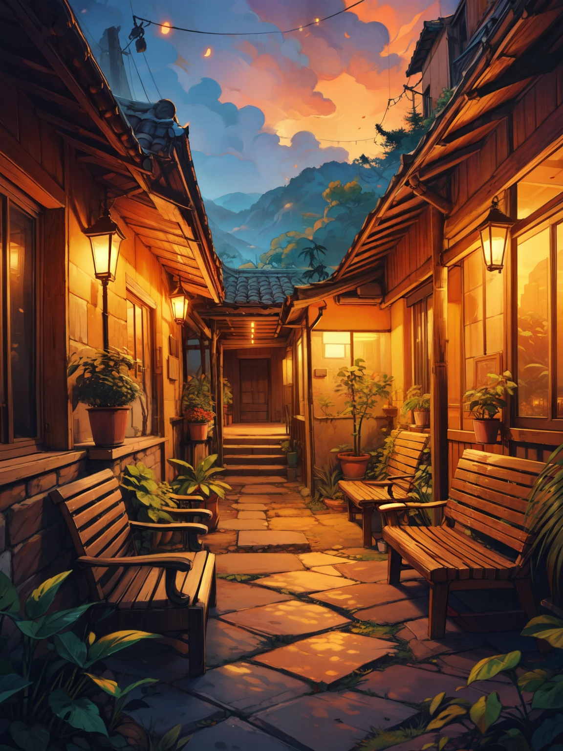 wide view, cabin the forest, banyan tree in verandah, small red sofa, leaves on floor, old cracked walls,  evening time, cloudy orangish sky, Small street light outside, calm, silence, tropical plants in the garden outside, aesthetics, peaceful, bamboo furniture, movie scene, aesthetics, beautiful tones, scenery, beautiful ambience, 8k, volumetric light, peaceful scene, micro landscape, intrinsic details