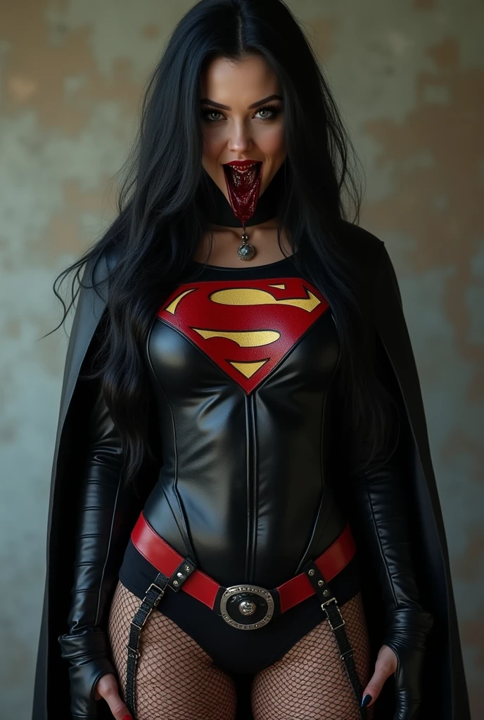 PHOTO REALISTIC. A FULL BODY VIEW OF THE HOTTES AND SEXIEST GOTHIC BABE WITH LARGE BLOODY FANGS STICKING OUT FROM HER MOUTH, LONG BLACK HAIR, HUGE PERKY BOOBS. WEARING A EMO SUPERGIRL OUTFIT, GOTH CAPE AND GOTH BOOTS. A LARGE BLOODY "S" EMBLEM ON HER CHEST. ABSURD 8K DETAILS AND TEXTURES.