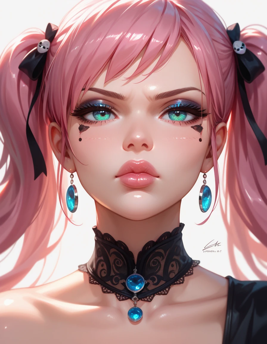 A cute 12-year-old girl with an eye patch, wearing a gothic pink frilled dress, pale smooth skin, beautiful eyes with many star-shaped highlights, pink twintails hair with heart hairclip, angry expression, black mouth mask, open cleavage, many accessories, posing in a cute way, at night in the Harajuku district of Tokyo, Japan, with a fancy and dark background.female\((cute,eye patch\(very cute, gothic fashion,cute mark\):1.3),age of 12,skin\(white,pale,smooth,silky,shiny\),eyes\(beautiful,many star-shaped highlights\),wearing makeup\(pink\),(angry),(black mouth mask),hair\(pink,twintails,floating,rolled,detailed,shiny\),hairclip\(heart\),costume\((frilled:1.3) pink dress\),eye corners\(pink:1.3\),(narrow eyes),very cute pose,(breast:1.3),open cleavage, cute hand sign,(many accessories)\), BREAK ,background\(harajyuku\(tokyo,japan\),at night,cute,fancy,dark\), BREAK ,quality\(8k,wallpaper of extremely detailed CG unit, masterpiece,hight resolution,top-quality,top-quality real texture skin,hyper realisitic,increase the resolution,RAW photos,best qualtiy,highly detailed,the wallpaper,cinematic lighting,ray trace,golden ratio\),(dynamic angle),(close up of face:1.8),looking up at viewer,from above,better hands