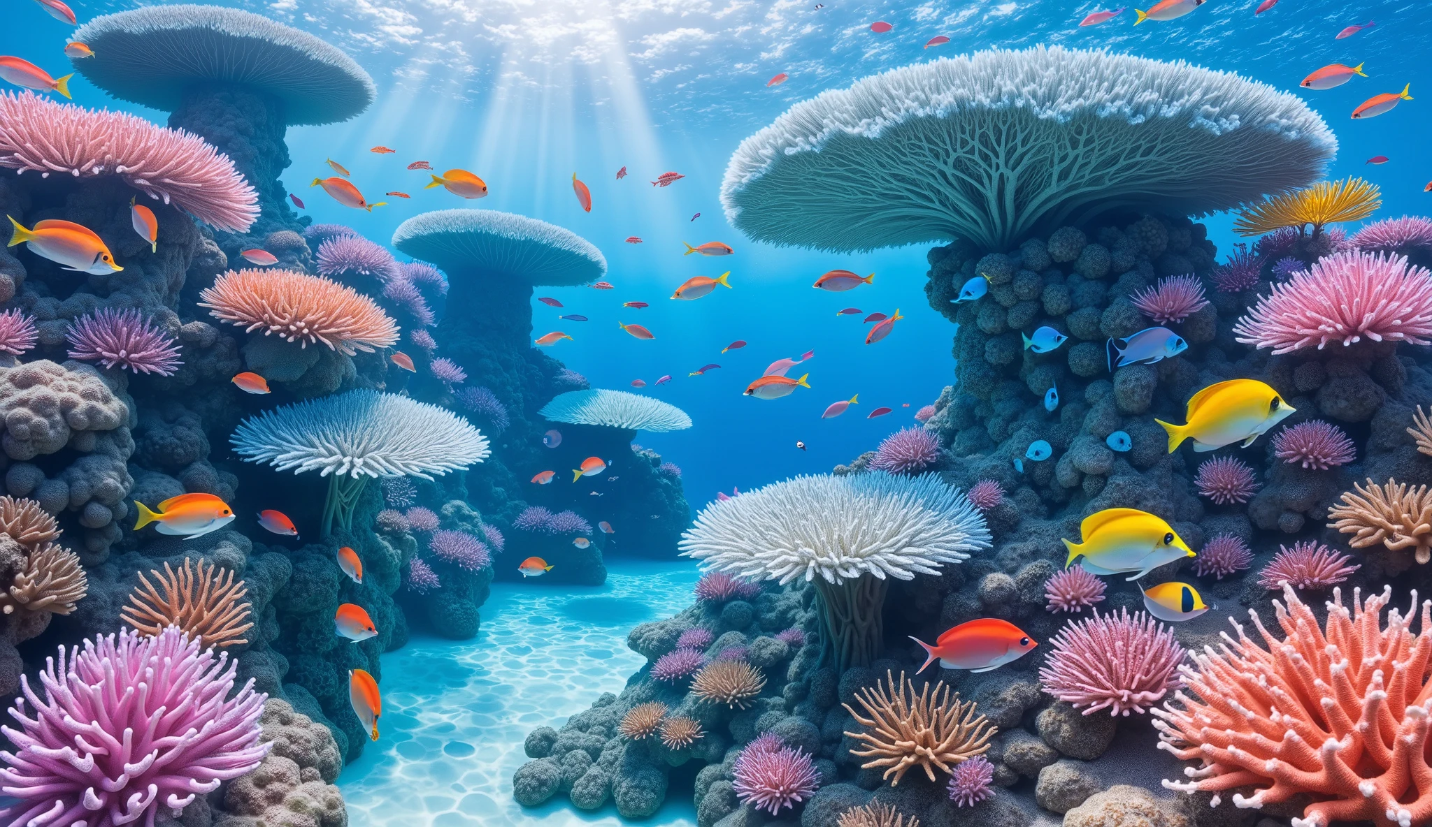 (In the water), Undersea heaven ,((Huge table corals with lots of fluorescent green branches stand in the center)),(( coral reefs with dense hard corals and soft corals )),Realistic Expression , shot with a fisheye lens  ,(( Multiple Fluorescent Green Corals )), (( are filled with 10,000 natural coral groups with lots of extremely colorful colors)), (Lots of butterfish are swimming ),(( lots of green and blue soft corals that emit fluorescent colors )), crystal clear water, , strong sunshine ,Vast coral reefs ,Detailed seaweed ,( lots of colorful tropical fish), large blue tropical fish , myriad cobalt sparrows , seahorses, lots of psychedelic starfish on the seabed , life,  lively colors, Serene atmosphere, Quiet, Swaying seaweed ,  array of vibrant colors ) , ( best quality , high resolution:1.2), (In the water photography), ( lively), (  soft diffused lighting  ), Orchestra of Highly Coloured Corals, Vast Seas ,Coral Reef,
