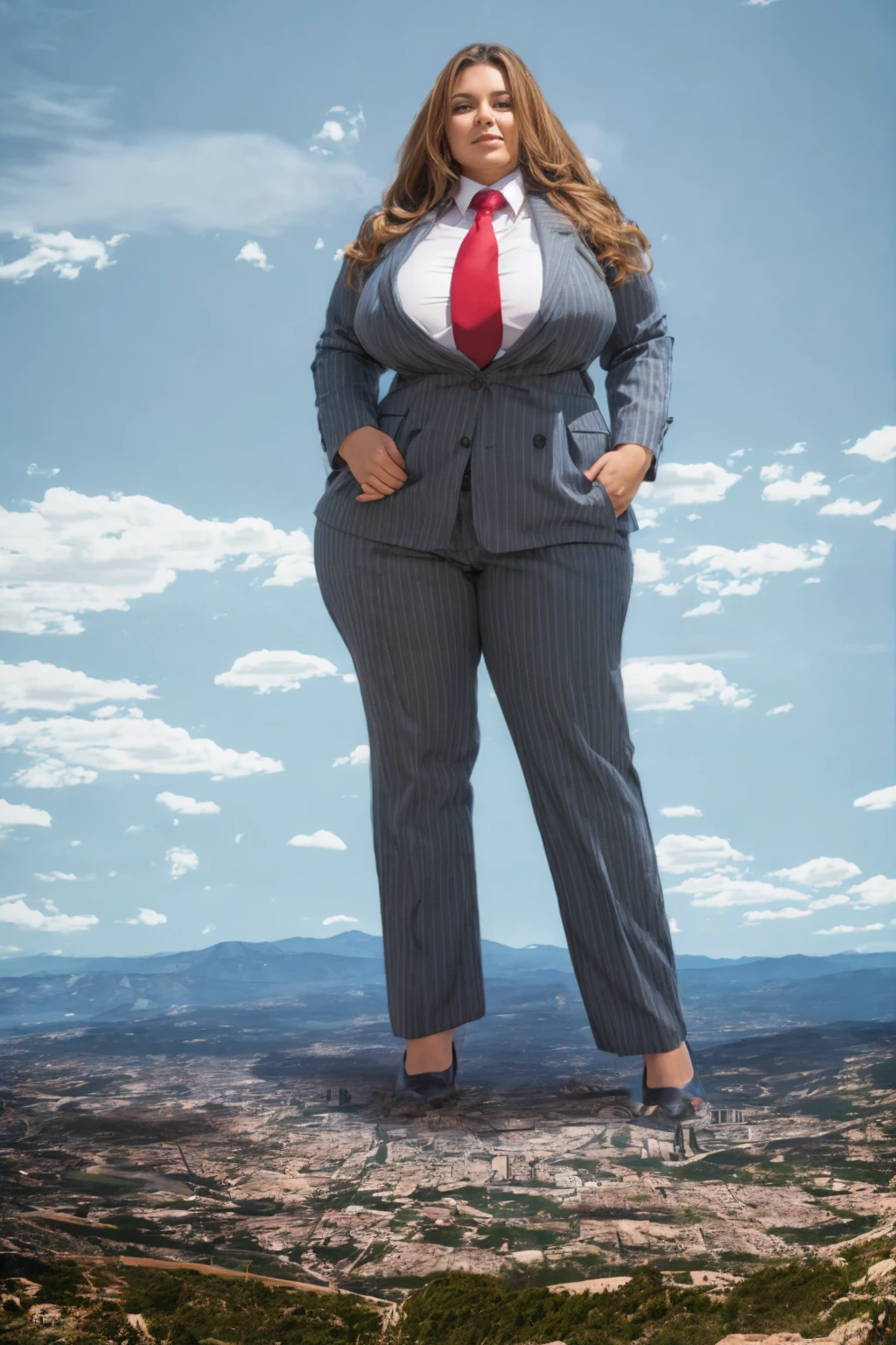 four women giga giantess 1 huge breasts light navy blue pinstriped suit white tailored shirt done up thick and very large Windsor knot red tie Has ponytail Wearing a pair of platform heels Professional attire A look of enjoyment, Beautiful appearance, smile, (satellite view)giga giantess (gts 1.2)