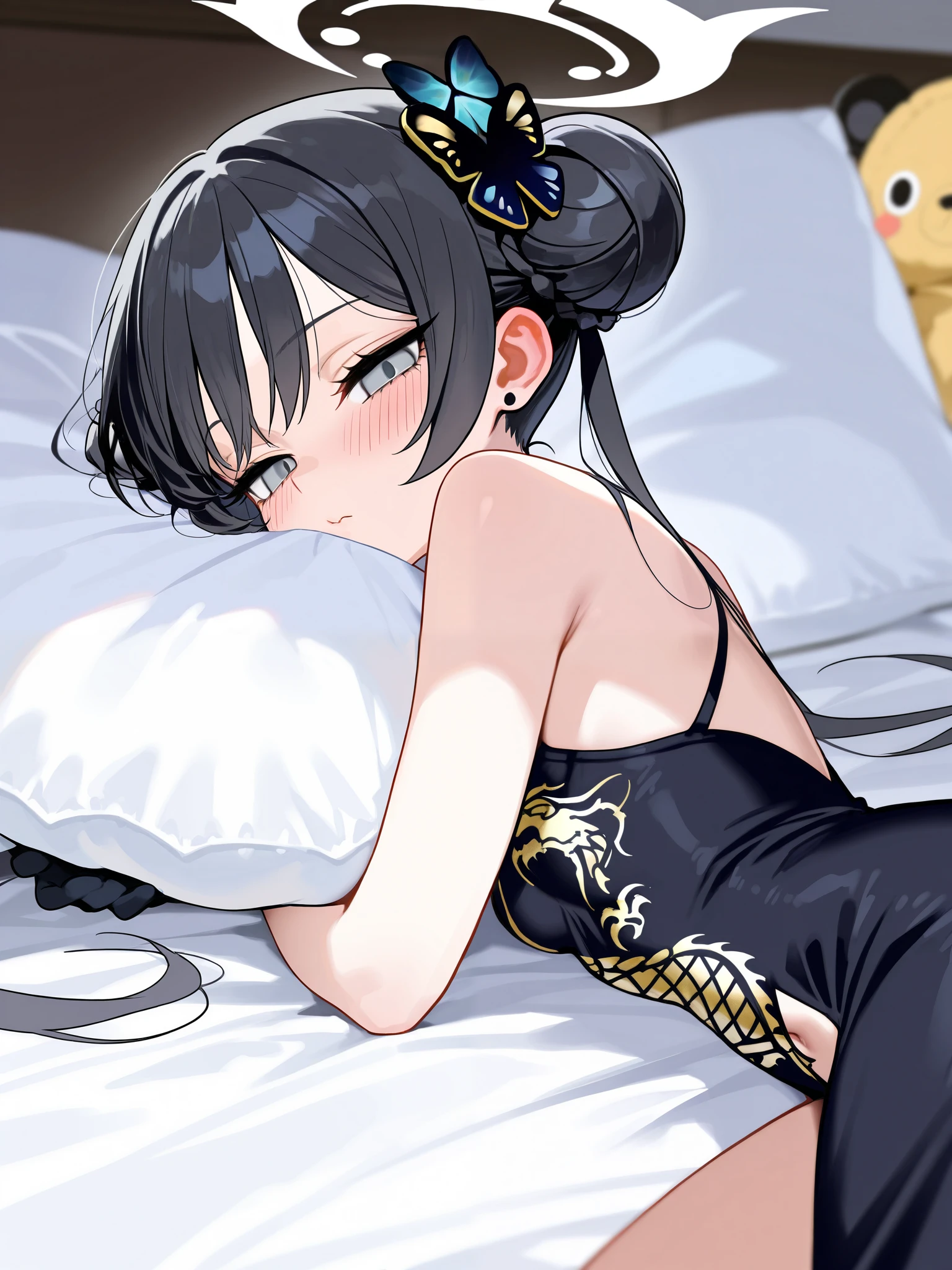 She&#39;s wearing a black and yellow swimsuit