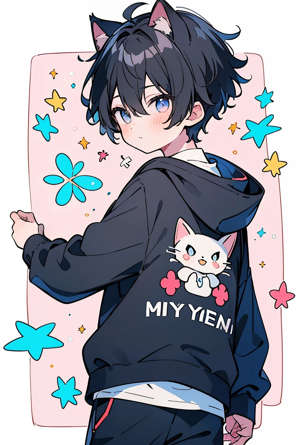 ((1-boy :1.5)),black hair,(very short hair:1.0),braid hair,(odd-eyes:0.85),((Kirakira eyes :1.0)),Honeycomb face ,cat ear hooded hoodie,(looking back:0.8),One turn,Spin on the spot,((kawaii))